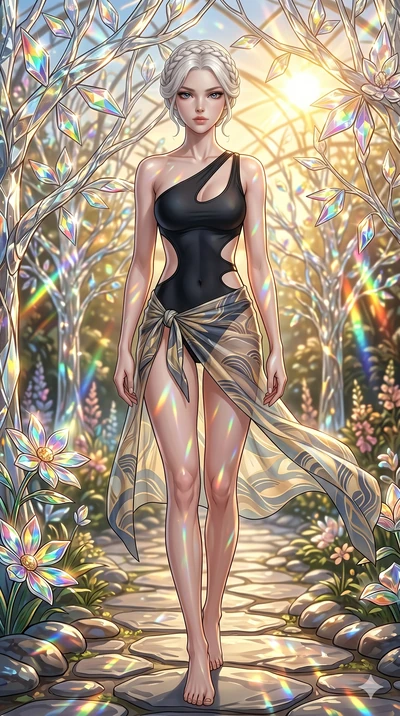 score_9, masterpiece, best quality, ultra-detailed, Set C: High-budget Anime Keyframe, Korean woman. Low angle cowboy shot filling the entire 9:16 frame with her statuesque presence. Walking through a garden of glass trees that chime in the wind unde