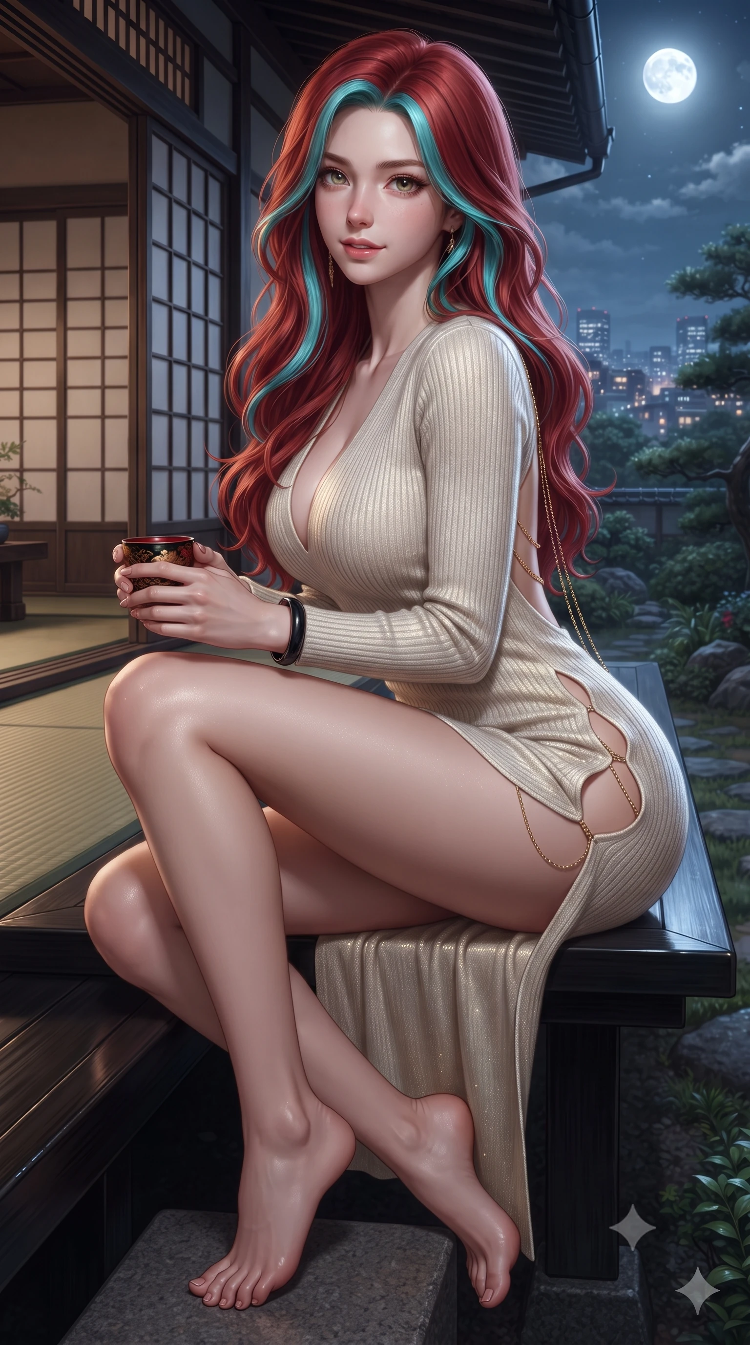 score_9, masterpiece, best quality, ultra-detailed, high-budget anime keyframe, editorial fashion photography, tasteful artistic composition, Caucasian woman. close-up cowboy shot from the waist and thighs up, the character dominates the composition, filling the frame with her large presence. leaning forward while arching her lower back to accentuate her curvy hips, looking into the camera with an intoxicating smoldering gaze and bedroom-eyes while sitting perched on the engawa bench with one knee drawn up, holding a lacquered sake cup with an enchanting, parted-lip smile. The surrounding environment is rendered in vivid detail and crisp panoramic clarity: detailed plunging cowl-neck liquid silk gown drape, obsidian wrist bangle gleam, and Japanese hillside villa design in high resolution. She has an exceptionally elegant, slender, and willowy female figure with an ultra-slim waist, flat toned midriff, narrow ribcage, and sculpted feminine hips creating an alluring, slim hourglass silhouette without bulk. sharp v-shaped jawline, high-bridge nose, sparkling eyes with hypnotic seductive depth, thick curled eyelashes, glossy parted lips with a natural dewy peach sheen, alluring bedroom-eyes with an enchanting coquettish smile, exuding magnetic siren charisma and sophisticated glamour, flawlessly proportioned anatomical accuracy, strict slender model proportions, natural body alignment, perfectly sculpted long slender limbs, ultra-slim waistline, clean dynamic posture without body distortion. wearing a plunging V-neck fine rib-knit sweater dress with daring side-lace openings tracing her hip curve in pure alabaster with golden sheen, tailored from ultra-plush velvet with rich tactile depth and deep shadow gradients, accented with an open-back drape framed by falling strands of delicate gold chains, the form-contouring silhouette accentuating her sculpted flat midriff, narrow delicate ribcage, and gracefully curvy hips with intoxicating allure. bathed in soft low-voltage floor wash lighting combined with distant city glow and silver full moonlight. ultra-reflective glossy finish, specular highlights, rich textural contrasts, high-contrast stereoscopic depth, volumetric dynamic lighting, 2k, ultra detail, master piece, 9:16 ratio