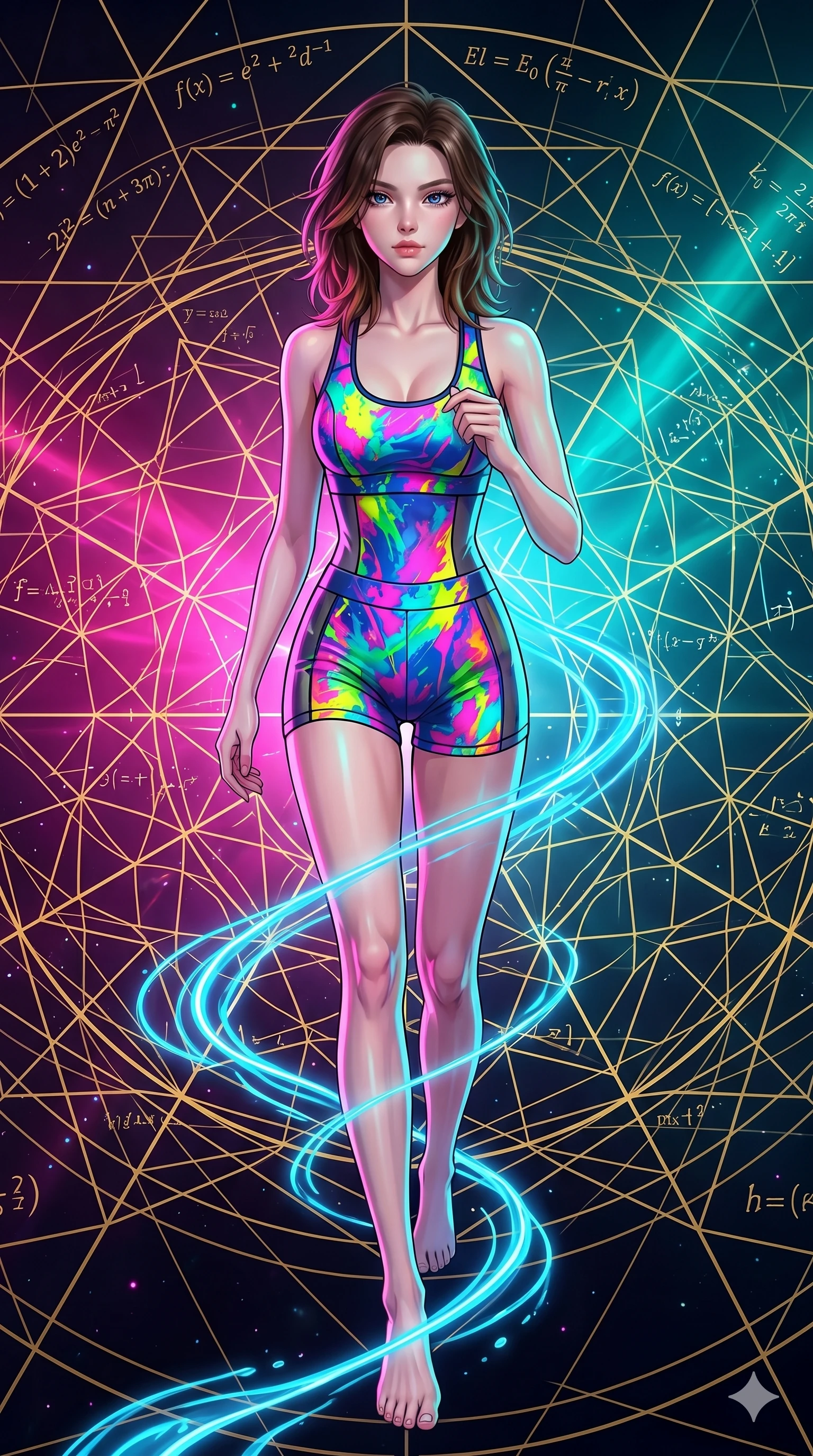 score_9, masterpiece, best quality, ultra-detailed, high-budget anime keyframe, editorial fashion photography, tasteful artistic composition, Korean woman. low angle full-body shot from head to toe showing her feet, filling the entire 9:16 vertical frame with her statuesque presence, stretching her vertical silhouette. lunging forward near in a mathematical mandala void filled with golden geometric lines of complex formulas as neon blue fluid lines follow her path like light trails. She has an absolutely perfect 8-heads proportion, an exceptionally tall and slender female figure with impossibly long slender legs and an ultra-slim waist. V-shaped jawline, high-bridge nose, intricate jewel-like eyes with depth, thick eyelashes, glossy lips with a natural sheen.. wearing a liquid acrylic splash bodysuit, featuring a vivid fluorescent acrylic-paint-splattered structured athletic top with matching high-waist shorts and opaque side detailing. lit by intense neon pink and turquoise dual-tone backlighting, creating a futuristic mood. 2k, ultra detail, master piece, 9:16 ratio