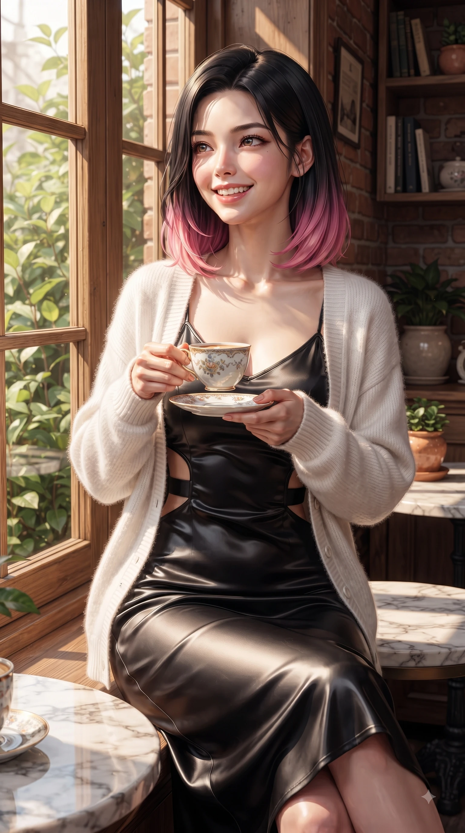 score_9, masterpiece, best quality, ultra-detailed, high-budget anime keyframe, editorial fashion photography, tasteful artistic composition, Korean woman. close-up cowboy shot from the waist and thighs up, the character dominates the composition, filling the frame with her large presence. Tilting her chin up with a sweet beaming smile of pure delight while balancing dynamically amidst the scene while sitting by a sunlit wooden window inside a cozy cafe, holding a porcelain coffee cup. The surrounding environment is rendered in vivid detail and crisp panoramic clarity. intricate marble tabletop textures, green garden leaves, and cafe decor captured in deep focus. She has an exceptionally elegant, slender, and willowy female figure with an ultra-slim waist, a gracefully sculpted slender torso, and a refined silhouette. sharp v-shaped jawline, high-bridge nose, intricate jewel-like eyes with depth, thick eyelashes, glossy lips with a natural sheen, flawlessly proportioned anatomical accuracy, natural body alignment, perfectly sculpted elegant limbs, clean dynamic posture without body distortion. wearing a glossy satin slip dress layered under a soft cashmere cardigan in sleek jet black and pure white contrast, knitted from soft cozy cashmere yarn, complemented by clean architectural cutouts along her slender torso, the glove-like fit emphasizing her statuesque silhouette during motion. surrounded by a cozy, intimate, and relaxing cafe atmosphere. ultra-reflective glossy finish, specular highlights, metallic sheen, high-contrast stereoscopic depth, volumetric dynamic lighting, 2k, ultra detail, master piece, 9:16 ratio
