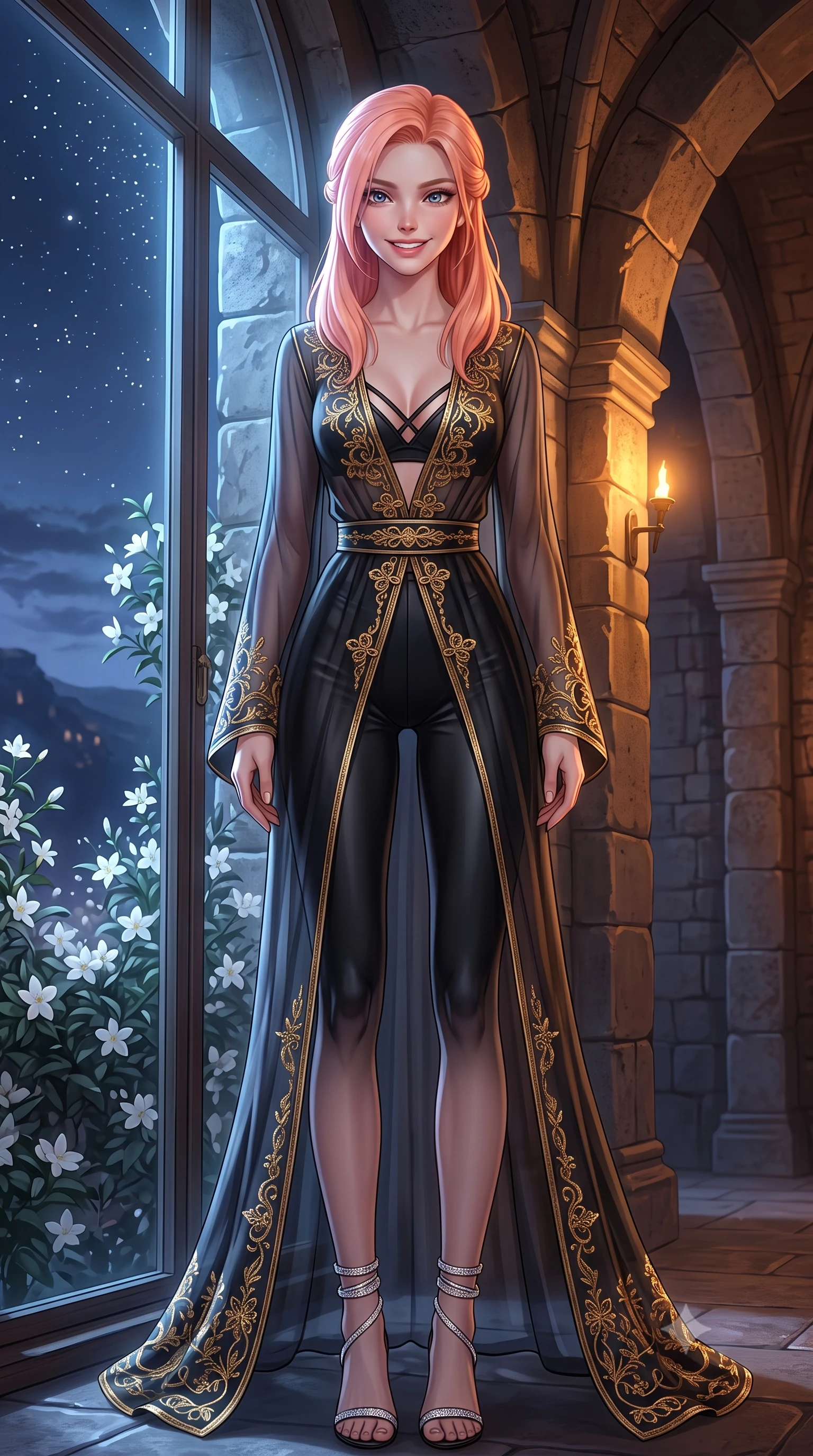 score_9, masterpiece, best quality, ultra-detailed, high-budget anime keyframe, semi-realistic 3D game render, editorial fashion photography, tasteful artistic composition, Japanese woman. close-up cowboy shot from the waist and thighs up, the character dominates the composition, filling the frame with her large presence. twisting her slender torso in an alluring contrapposto stance, one hand resting on her sculpted hip while her fingers toy with her hair with effortless poise while twisting her slender torso in an alluring S-curve on the polished limestone deck, city glow casting prismatic highlights across her flat midriff. The surrounding environment is rendered in vivid detail and crisp panoramic clarity: detailed outfit tailoring, silhouette contours, and hillside architectural engineering in razor-sharp precision. She has an exceptionally elegant, slender, and willowy female figure with an ultra-slim waist, flat toned midriff, narrow ribcage, and sculpted feminine hips creating an alluring, slim hourglass silhouette without bulk. sharp v-shaped jawline, high-bridge nose, intricate jewel-like sparkling eyes with depth, thick eyelashes, glossy parted lips with a natural peach sheen, bright cheerful beaming smile with an enchanting and coquettish sensual glint, exuding both youthful cute charm and seductive allure, flawlessly proportioned anatomical accuracy, strict slender model proportions, natural body alignment, perfectly sculpted long slender limbs, ultra-slim waistline, clean dynamic posture without body distortion. wearing an alluring plunging sweetheart bustier dress with sheer mesh side-waist cutouts contouring her ribs in pure translucent crystal white and liquid platinum, woven from stretch metallic lurex jersey casting radiant starlight glints across her curves, finished with a thin velvet ribbon choker and a single teardrop diamond pendant, the second-skin tailored fabric adhering flawlessly to her sculpted flat midriff and slender torso, emphasizing her long leg lines and perfectly proportioned willowy build. bathed in the dramatic contrast of golden city lights below and dim 2800K recessed interior cove downlights. highly saturated vibrant anime colors, detailed shading with soft gradients, rich glossy textures, high-contrast stereoscopic depth, volumetric dynamic lighting, master piece, 9:16 ratio