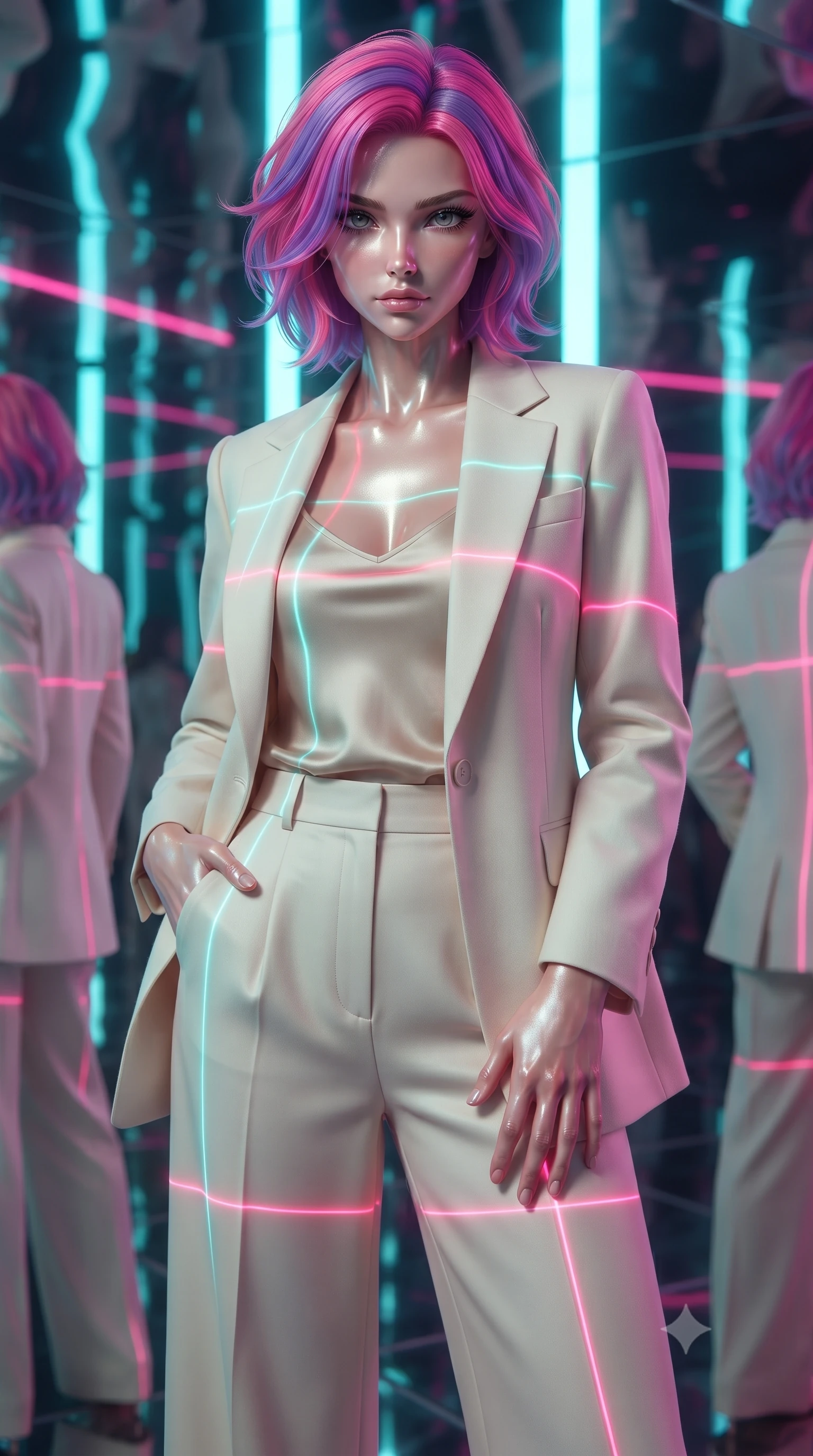 score_9, masterpiece, best quality, ultra-detailed, high-budget anime keyframe, editorial fashion photography, tasteful artistic composition, Caucasian woman woman. close-up cowboy shot from the waist and thighs up, the character dominates the composition, filling the frame with her large presence, background elements kept in soft focus. She has an exceptionally elegant, slender, and willowy female figure with an ultra-slim waist, a gracefully sculpted slender torso, and a refined silhouette. casting a slow, direct gaze beneath heavy lashes with magnetic intensity, flawlessly proportioned anatomical accuracy, natural body alignment, perfectly sculpted elegant limbs, clean dynamic posture without body distortion. set against a soft-focus background of a reflective mirror chamber with rotating LED light pillars. wearing a tailored cream wool blazer over an oatmeal silk camisole and wide-leg trousers. illuminated by shifting cyan and hot pink neon laser gridlines casting specular highlights. ultra-reflective glossy finish, specular highlights, metallic sheen, high-contrast stereoscopic depth, volumetric dynamic lighting, 2k, ultra detail, master piece, 9:16 ratio