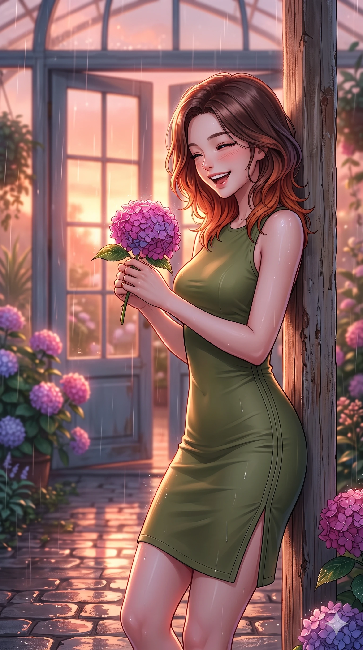 score_9, masterpiece, best quality, ultra-detailed, high-budget anime keyframe, vibrant anime aesthetic, Korean woman. close-up cowboy shot from the waist and thighs up, the character dominates the composition, filling the frame with her large presence, background elements kept in soft focus. She is laughing happily while looking down at a blooming rain-drenched flower, her eyes glowing with lively energy leaning against a rustic wooden column. the background shows a soft-focus botanical conservatory entrance with large glass double doors, surrounded by rain-drenched hydrangeas (Code-P22-114). She has an absolutely perfect proportion, an exceptionally elegant and slender female figure with an ultra-slim waist. V-shaped jawline, high-bridge nose, intricate jewel-like eyes with depth, thick eyelashes, glossy lips with a natural sheen. wearing a sleek bodycon dress featuring refined side vent accents in olive green. She is bathed in glowing sunset light reflecting off wet cobblestones, creating a warm, inviting, and atmospheric glow during the twilight rain. 2k, ultra detail, master piece, 9:16 ratio