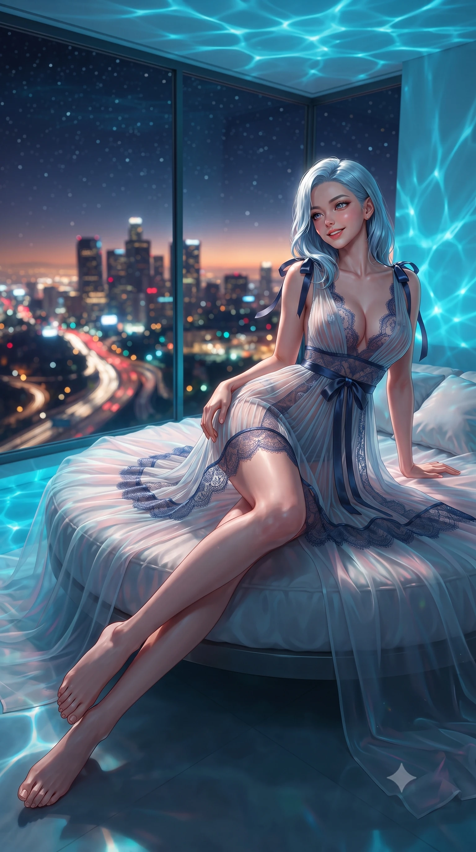 score_9, masterpiece, best quality, ultra-detailed, high-budget anime keyframe, editorial fashion photography, tasteful artistic composition, Korean woman. low angle full-body shot from head to toe showing her feet, filling the entire 9:16 vertical frame with her statuesque presence, stretching her vertical silhouette. posing in a classic haute-couture S-curve stance beside the floor-to-ceiling window, looking over a bare shoulder with magnetic presence while lounging on the circular floating daybed with legs extended, displaying her long slender limbs and statuesque hourglass silhouette. The background shows a soft-focus sweeping vista of downtown LA skyscrapers, winding canyon highway headlights, and starry sky blurred into ruby, cyan, and gold bokeh. She has an exceptionally tall and slender model-like 8.5-heads proportion, an ultra-slim waist, a flat toned midriff, narrow delicate ribcage, and beautifully sculpted feminine hips creating a graceful, slim hourglass silhouette without any bulky heaviness, with impossibly long slender legs. sharp v-shaped jawline, high-bridge nose, intricate jewel-like sparkling eyes with depth, thick eyelashes, glossy parted lips with a natural peach sheen, bright cheerful beaming smile with an enchanting and coquettish sensual glint, exuding both youthful cute charm and seductive allure, flawlessly proportioned anatomical accuracy, strict slender model proportions, natural body alignment, perfectly sculpted long slender limbs, ultra-slim waistline, clean dynamic posture without body distortion. wearing a sheer pleated chiffon baby-doll dress with a plunging sweetheart neckline and satin ribbon waist tie in moonlit Grand Canal sapphire navy and liquid platinum, made of delicate semi-sheer French Chantilly lace with intricate eyelash edges, finished with satin ribbon ties at the shoulders fluttering in the gentle breeze, the glove-like clinging cut tightly following the natural contour of her hips and long slender legs with youthful 8.5-heads elegance. bathed in electric cyan underwater pool lights contrasted with warm city horizon ambient. ultra-reflective glossy finish, specular highlights, rich textural contrasts, high-contrast stereoscopic depth, volumetric dynamic lighting, 2k, ultra detail, master piece, 9:16 ratio