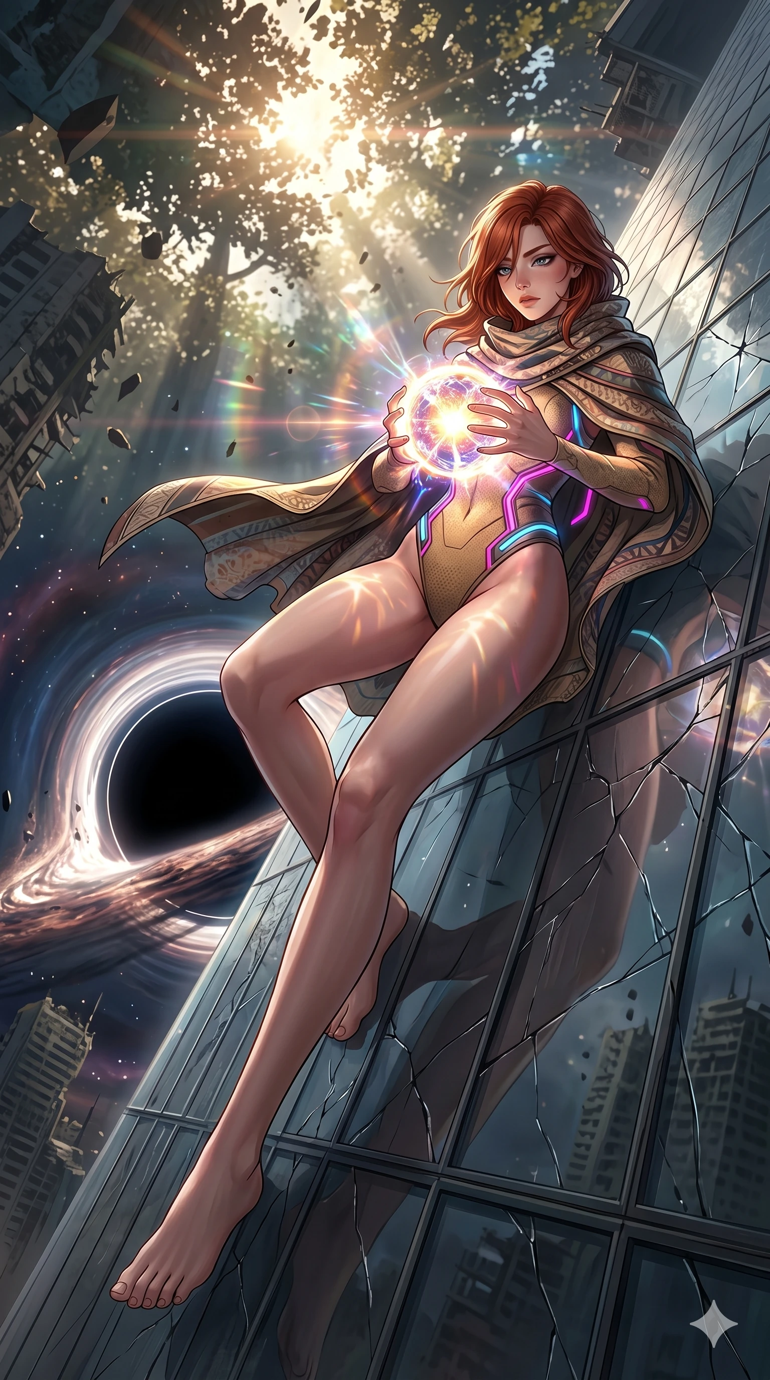 score_9, masterpiece, best quality, ultra-detailed, Set A: High-budget Anime Keyframe, Caucasian (human ears) woman. Low angle cowboy shot filling the entire 9:16 frame with her statuesque presence. Theme: Urban Decay. sliding down a glass skyscraper in the edge of a black hole, holding a glowing core that hums with the power of 272 suns. The atmosphere is filled with cinematic sunlight through leaves. She has an absolutely perfect 8-heads proportion, an exceptionally tall and slender female figure with impossibly long slender legs and an ultra-slim waist. Sharp v-shaped jawline, high-bridge nose, intricate jewel-like eyes with depth, glossy lips. Wearing Desert-nomad tech-cloak over a high-cut sandy-textured bodysuit with neon accents. Cinematic lighting, vivid colors, dramatic shadows, 2k, ultra detail, master piece, 9:16 ratio