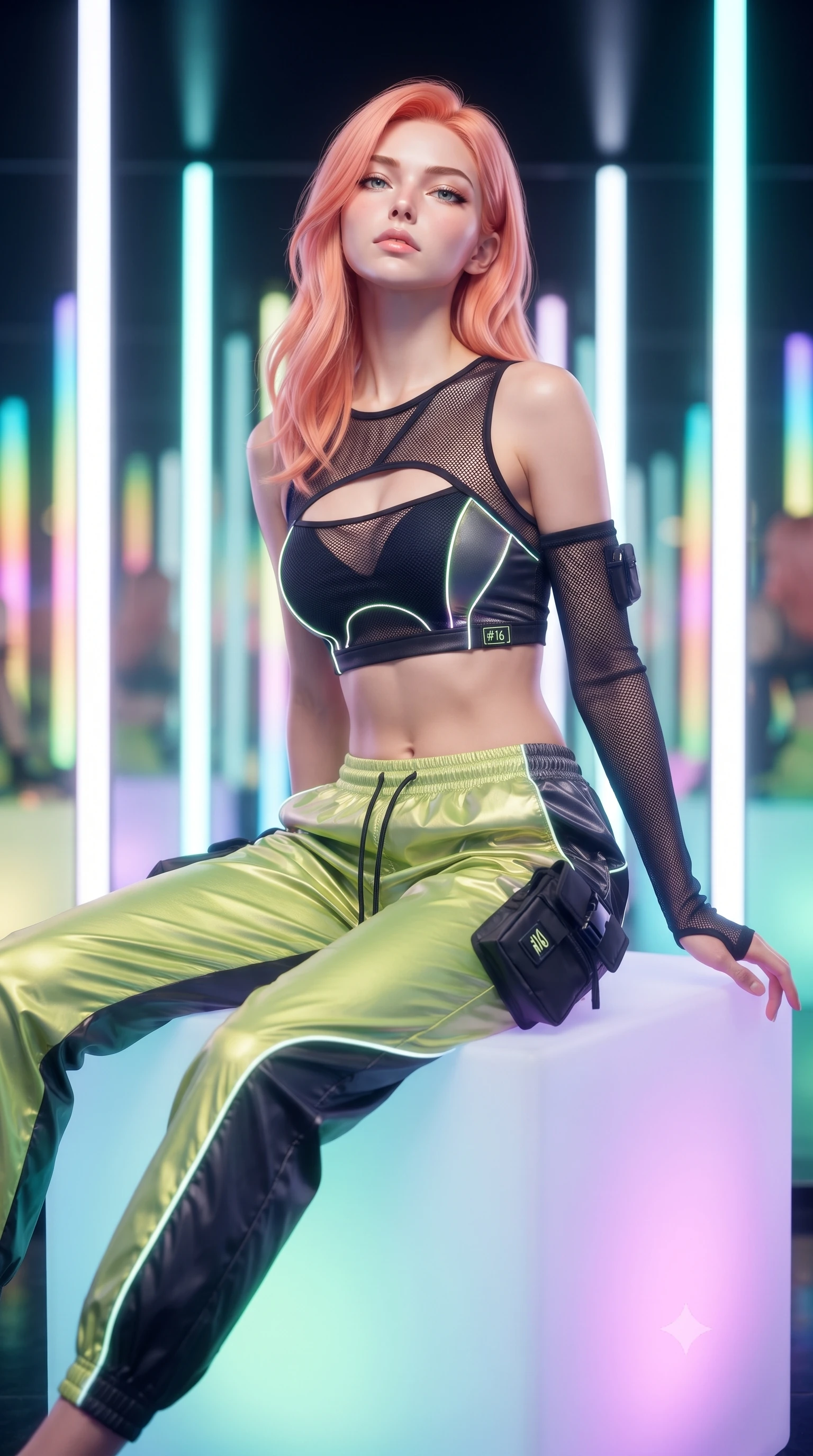 score_9, masterpiece, best quality, ultra-detailed, high-budget anime keyframe, editorial fashion photography, tasteful artistic composition, Japanese woman. close-up cowboy shot from the waist and thighs up, the character dominates the composition, filling the frame with her large presence. tilting her chin up with proud, sovereign confidence while gazing directly into the lens with thick, dark eyelashes while sitting poised atop a frosted neon cube with one leg extended, her statuesque silhouette framed by vertical light bars. The composition keeps background elements in soft focus with creamy bokeh. infinite mirrored room reflections and glowing vertical LED strips blurred into psychedelic rainbow and pastel neon bokeh. She has an exceptionally elegant, slender, and willowy female figure with an ultra-slim waist, a gracefully sculpted slender torso, toned flat midriff, and a refined slim silhouette. sharp v-shaped jawline, high-bridge nose, intricate jewel-like eyes with depth, thick eyelashes, glossy lips with a natural sheen, captivating and magnetic expression, flawlessly proportioned anatomical accuracy, strict slender model proportions, natural body alignment, perfectly sculpted long slender limbs, ultra-slim waistline, clean dynamic posture without body distortion. wearing a sporty Y2K mesh-paneled crop top with asymmetrical sleeve warmers and low-slung metallic track pants in acid lime green and dark obsidian, made of breathable technical athletic mesh and liquid-finish track nylon, finished with glowing fiber-optic seam piping and miniature utility pouches edition #16, the form-contouring material adhering flawlessly to her sculpted flat midriff and slender torso, emphasizing her long leg lines and perfectly proportioned willowy build. surrounded by a cutting-edge, avant-garde, and mesmerizingly stylish future-fashion muse aura. ultra-reflective glossy finish, specular highlights, rich textural contrasts, high-contrast stereoscopic depth, volumetric dynamic lighting, 2k, ultra detail, master piece, 9:16 ratio