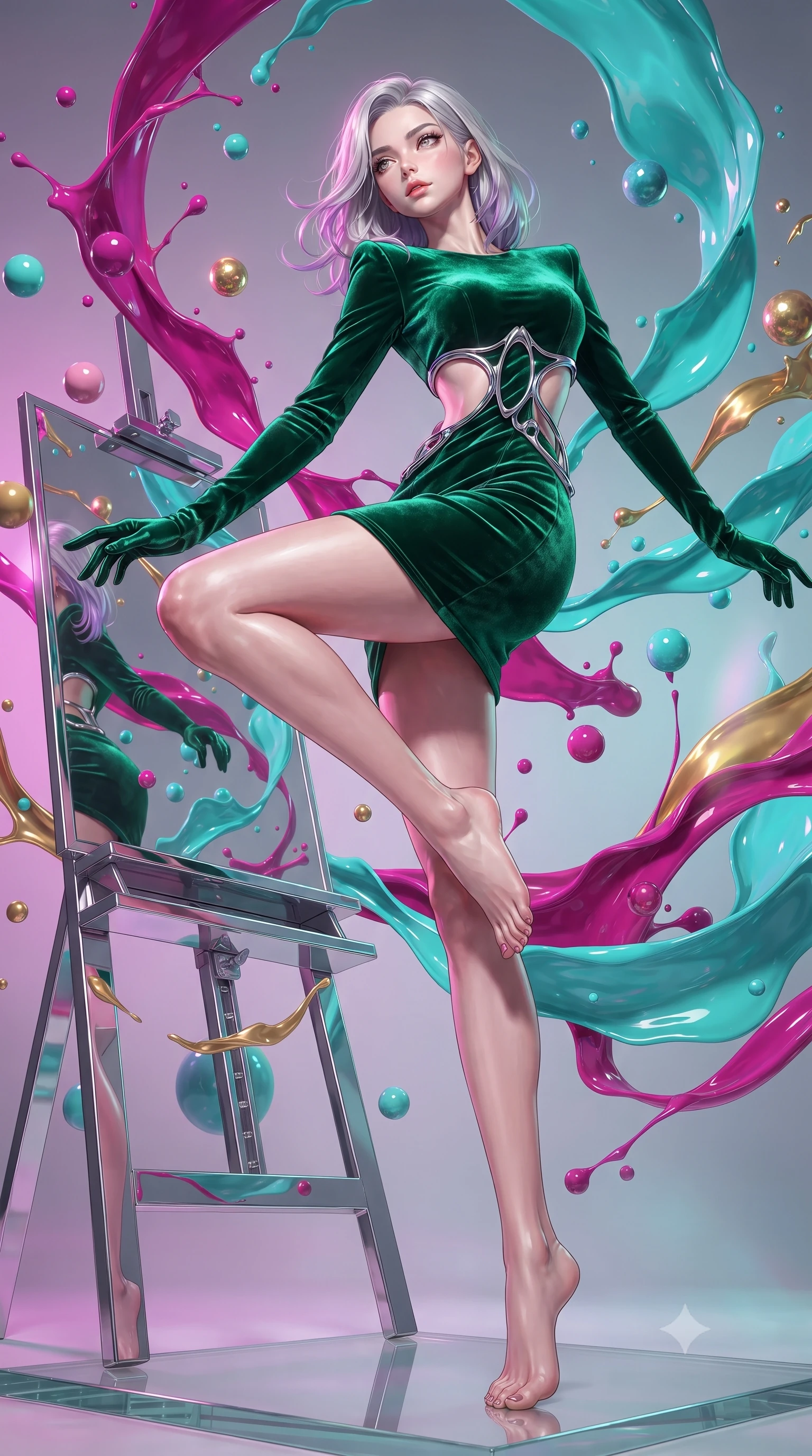 score_9, masterpiece, best quality, ultra-detailed, high-budget anime keyframe, editorial fashion photography, tasteful artistic composition, Caucasian woman. low angle full-body shot from head to toe showing her feet, filling the entire 9:16 vertical frame with her statuesque presence, stretching her vertical silhouette. leaping gracefully through the environment with statuesque elegance and long slender legs leaning against a mirrored easel surrounded by suspended pigment spheres, swirling ribbons of magenta, turquoise, and gold liquid paint in zero-gravity. She has an absolutely perfect, statuesque 8.5-heads proportion, an exceptionally tall and slender model-like female figure with impossibly long slender legs and an ultra-slim waist. sharp v-shaped jawline, high-bridge nose, intricate jewel-like eyes with depth, thick eyelashes, glossy lips with a natural sheen. wearing a dramatic open-waist cutout mini dress framed by sculptural hardware in deep emerald green and silver accent, made of premium stretch velvet with a rich sheen, featuring clean architectural cutouts along her slender torso, the glove-like fit emphasizing her statuesque silhouette. surrounded by a radiant glow of magenta and aqua fluid highlights. ultra-reflective glossy finish, specular highlights, metallic sheen, high-contrast stereoscopic depth, volumetric dynamic lighting, 2k, ultra detail, master piece, 9:16 ratio