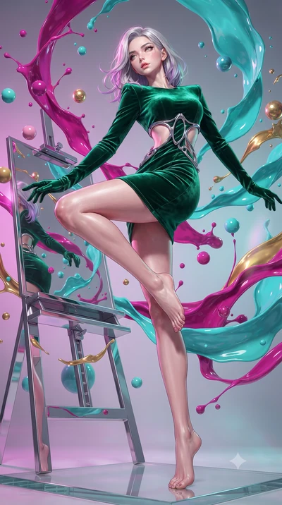 score_9, masterpiece, best quality, ultra-detailed, high-budget anime keyframe, editorial fashion photography, tasteful artistic composition, Caucasian woman. low angle full-body shot from head to toe showing her feet, filling the entire 9:16 vertica