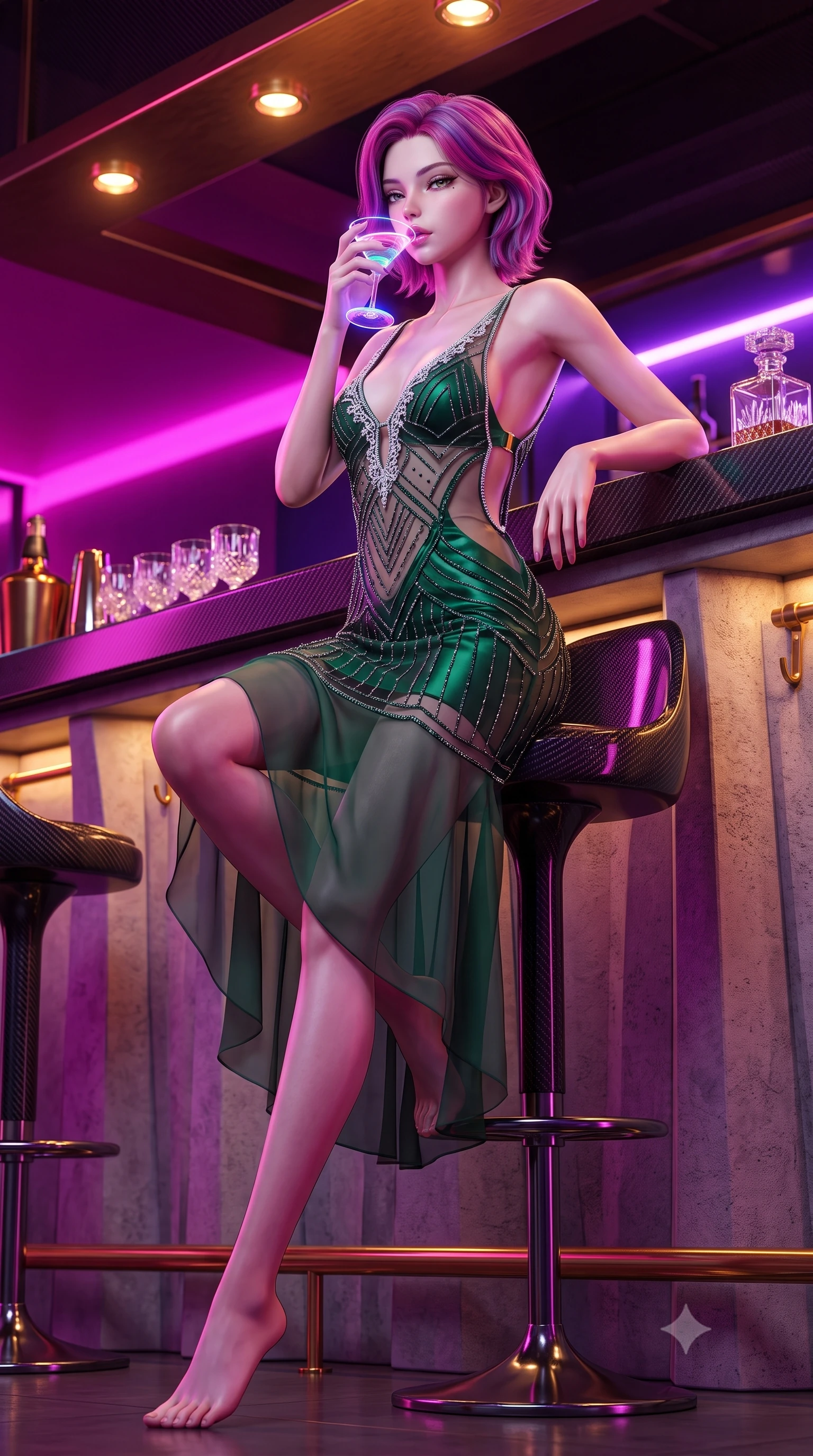 score_9, masterpiece, best quality, ultra-detailed, high-budget anime keyframe, semi-realistic 3D game render, editorial fashion photography, tasteful artistic composition, Caucasian woman. low angle full-body shot from head to toe showing her feet, filling the entire 9:16 vertical frame with her statuesque presence, stretching her vertical silhouette. leaning deep against the structural architecture with hips cocked in an unapologetically bold, seductive high-fashion stance while sitting high on a polished carbon barstool with legs crossed, arching her lower back while holding a glowing neon cocktail to her parted glossy lips. The surrounding environment is rendered in vivid detail and crisp panoramic clarity. sharp carbon-fiber bar counter reflections, crystal glass facets, and brass hardware in deep focus. She has an exceptionally tall and slender model-like 8.5-heads proportion, an ultra-slim waist, a flat toned midriff, narrow delicate ribcage, and beautifully sculpted feminine hips creating a graceful, slim hourglass silhouette without any bulky heaviness, with impossibly long slender legs. sharp v-shaped jawline, high-bridge nose, intricate jewel-like eyes with depth, thick eyelashes, glossy parted lips with a natural sheen, intensely captivating and seductive bedroom-eyes expression, flawlessly proportioned anatomical accuracy, strict slender model proportions, natural body alignment, perfectly sculpted long slender limbs, ultra-slim waistline, clean dynamic posture without body distortion. wearing a sheer vintage mesh flapper dress adorned with intricate geometric beadwork over an opaque silk slip in deep emerald green satin and gold hardware, woven from layered gossamer chiffon with a weightless sweeping drape, finished with delicate crystal frost embroidery tracing the plunging neckline, the precision-cut side openings and low-back scoop framing her graceful spine and the sensual sweep of her slim, toned hips. bathed in rich magenta and electric violet neon light contrasting with warm amber bar downlights. highly saturated vibrant anime colors, detailed shading with soft gradients, rich glossy textures, high-contrast stereoscopic depth, volumetric dynamic lighting, master piece, 9:16 ratio