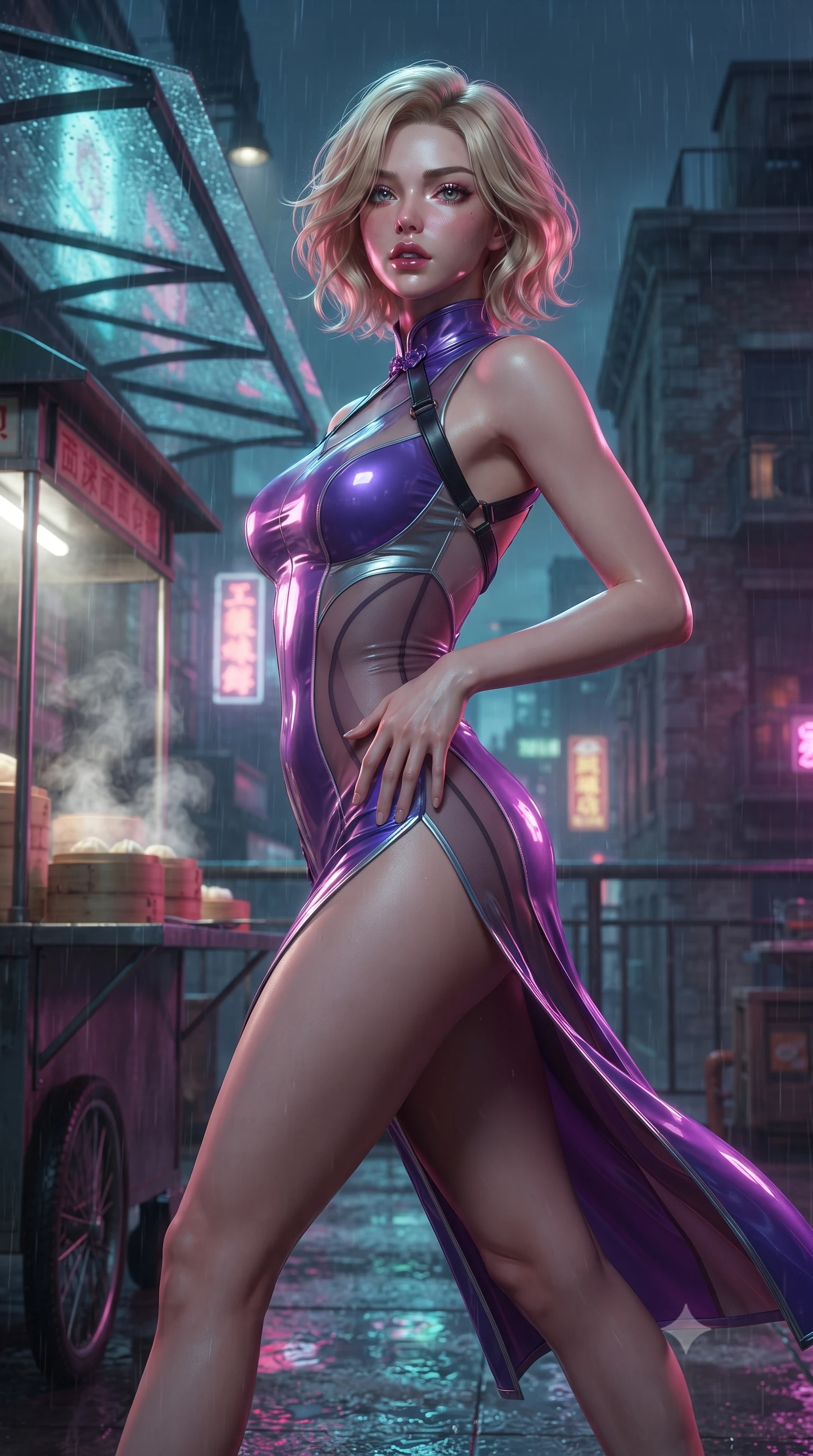 score_9, masterpiece, best quality, ultra-detailed, high-budget anime keyframe, editorial fashion photography, tasteful artistic composition, Caucasian woman. close-up cowboy shot from the waist and thighs up, the character dominates the composition, filling the frame with her large presence. resting one manicured hand delicately on her hip bone, her upper body turning in a fluid, seductive S-curve while parted lips glisten in the light while striding across the neon-drenched rooftop deck as steam curls from dim sum bamboo steamers, her high-slit dress fluttering to reveal her long slender legs. The composition keeps background elements in soft focus with creamy bokeh. rain-streaked glass awnings and weathered brick penthouse facades softened in moody cinematic focus. She has an exceptionally elegant, slender, and willowy female figure with an ultra-slim waist, a gracefully sculpted slender torso, toned flat midriff, and rounded feminine hips creating an alluring hourglass silhouette. sharp v-shaped jawline, high-bridge nose, intricate jewel-like eyes with depth, thick eyelashes, glossy parted lips with a natural sheen, intensely captivating and seductive bedroom-eyes expression, flawlessly proportioned anatomical accuracy, strict slender model proportions, natural body alignment, perfectly sculpted long slender limbs, ultra-slim waistline, clean dynamic posture without body distortion. wearing a second-skin vinyl cheongsam catsuit with sheer mesh side panels tracing the full curve of her hip in toxic ultraviolet purple and chrome silver, made of sheer contouring power-mesh panels with anatomical curve lines, finished with criss-cross back harness straps framing her bare spine, the form-contouring material adhering flawlessly to her sculpted flat midriff and slender torso, emphasizing her long leg lines and perfectly proportioned willowy build. surrounded by an enigmatic, sultry, and breathtakingly hypnotic cyber-femme fatale aura. ultra-reflective glossy finish, specular highlights, rich textural contrasts, high-contrast stereoscopic depth, volumetric dynamic lighting, 2k, ultra detail, master piece, 9:16 ratio