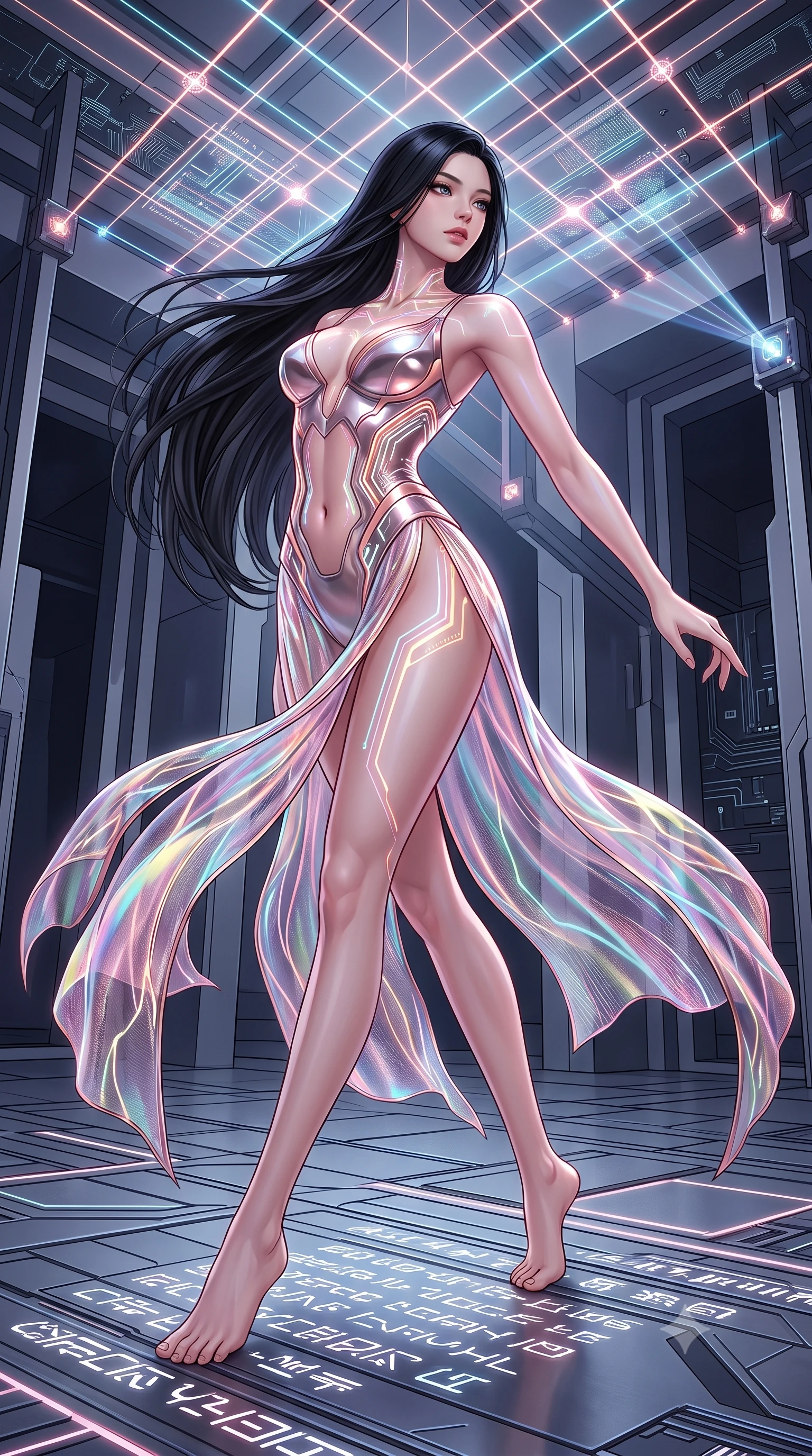 score_9, masterpiece, best quality, ultra-detailed, high-budget anime keyframe, semi-realistic 3D game render, editorial fashion photography, tasteful artistic composition, Korean woman. low angle full-body shot from head to toe showing her feet, filling the entire 9:16 vertical frame with her statuesque presence, stretching her vertical silhouette. arching her spine in a fluid zero-gravity turn with sovereign grace, her long slender legs and sculpted torso creating a sweeping line while arching her spine in a fluid motion beneath a grid of glowing overhead laser lines that illuminate her bare clavicle and waist. The surrounding environment is rendered in vivid detail and crisp panoramic clarity. intricate cybernetic floor glyph engravings, clean architectural shadow borders, and laser nodes in high resolution. She has an absolutely perfect, statuesque 8.5-heads proportion, an exceptionally tall and slender model-like female figure with impossibly long slender legs, a toned flat midriff, and an ultra-slim waist. sharp v-shaped jawline, high-bridge nose, intricate jewel-like eyes with depth, thick eyelashes, glossy lips with a natural sheen, flawlessly proportioned anatomical accuracy, strict slender model proportions, natural body alignment, perfectly sculpted long slender limbs, ultra-slim waistline, clean dynamic posture without body distortion. wearing an aerodynamic sculpted liquid-chrome bodysuit with glowing neon fiber-optic circuitry and an elegant high-fashion cut in sculpted rose gold and luminescent champagne ivory, crafted from delicate iridescent organza interwoven with luminescent micro-fibers, finished with an ultra-high side slit secured by miniature magnetic clasps, the form-contouring material adhering flawlessly to her sculpted flat midriff and slender torso, emphasizing her long leg lines and perfectly proportioned willowy build. surrounded by an ultra-chic, commanding, and fiercely magnetic cyber-sovereign atmosphere. rich saturated anime colors with glowing neon highlights, detailed shading with soft gradients, rich glossy textures, high-contrast stereoscopic depth, volumetric dynamic lighting, master piece, 9:16 ratio