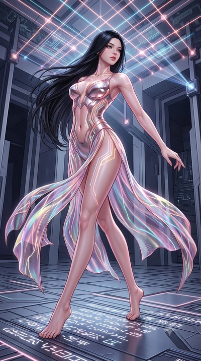 score_9, masterpiece, best quality, ultra-detailed, high-budget anime keyframe, semi-realistic 3D game render, editorial fashion photography, tasteful artistic composition, Korean woman. low angle full-body shot from head to toe showing her feet, fil