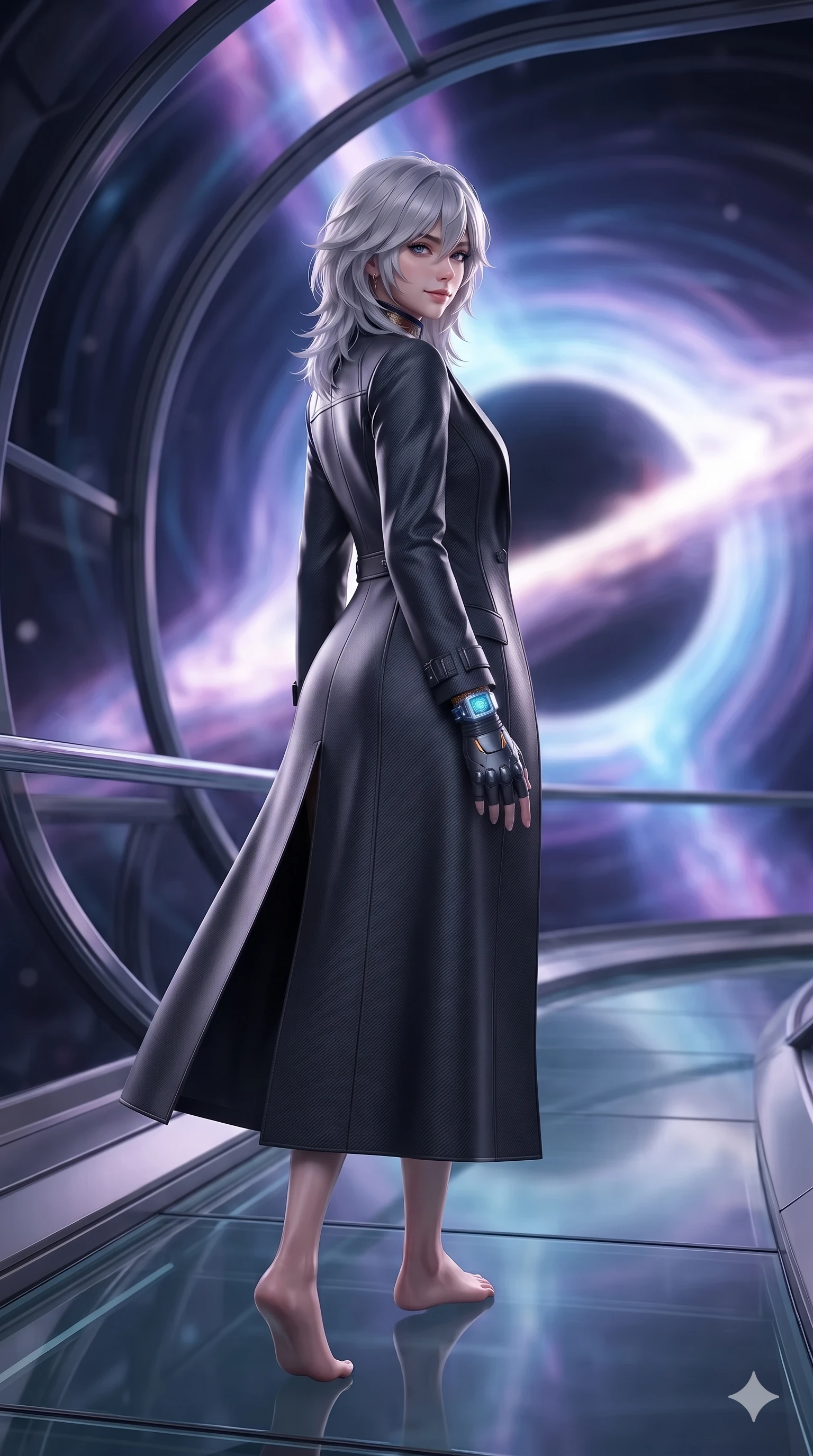 score_9, masterpiece, best quality, ultra-detailed, high-budget anime keyframe, editorial fashion photography, tasteful artistic composition, Japanese woman. low angle full-body shot from head to toe showing her feet, filling the entire 9:16 vertical frame with her statuesque presence, stretching her vertical silhouette. walking slowly along the transparent glass skybridge, looking back over her shoulder with an air of effortless grace and an alluring, smoldering smile while standing poised on the panoramic observation gantry, arching her lower back with sovereign supermodel poise as a collimated relativistic plasma jet erupts from the singularity core. The background shows a soft-focus collimated relativistic plasma jet plumes, dark silhouette of the black hole shadow, and swirling magnetic flux lines blurred into violet, electric blue, and pitch-black bokeh. She has an absolutely perfect, statuesque 8.5-heads proportion, an exceptionally tall and slender model-like female figure with impossibly long slender legs, an ultra-slim waist, a flat toned midriff, narrow delicate ribcage, and beautifully sculpted feminine hips creating a graceful, slim hourglass silhouette without any bulky heaviness. sharp v-shaped jawline, high-bridge nose, intricate jewel-like sparkling eyes with depth, thick eyelashes, glossy parted lips with a natural sheen, bright confident smile with an enchanting and coquettish sensual glint, exuding both youthful magnetic charm and sovereign high-tech allure, flawlessly proportioned anatomical accuracy, strict slender model proportions, natural body alignment, perfectly sculpted long slender limbs, ultra-slim waistline, clean dynamic posture without body distortion. wearing a structured aerospace commander greatcoat layered over an armored high-neck knit underlayer in cosmic eclipse amber and starlight diamond, crafted from lightweight aerodynamic matte carbon-fiber weave with structural stiffness, complemented by fingerless armored tactical gloves and a glowing holographic wrist terminal, the impeccably tailored cut draping gracefully along her slender figure with aristocratic poise. illuminated by window reflections and sharp violet-platinum rim lights sculpting her razor-sharp jawline, narrow waist, and curvy hips. ultra-reflective glossy finish, specular highlights, rich textural contrasts, high-contrast stereoscopic depth, volumetric dynamic lighting, 2k, ultra detail, master piece, 9:16 ratio