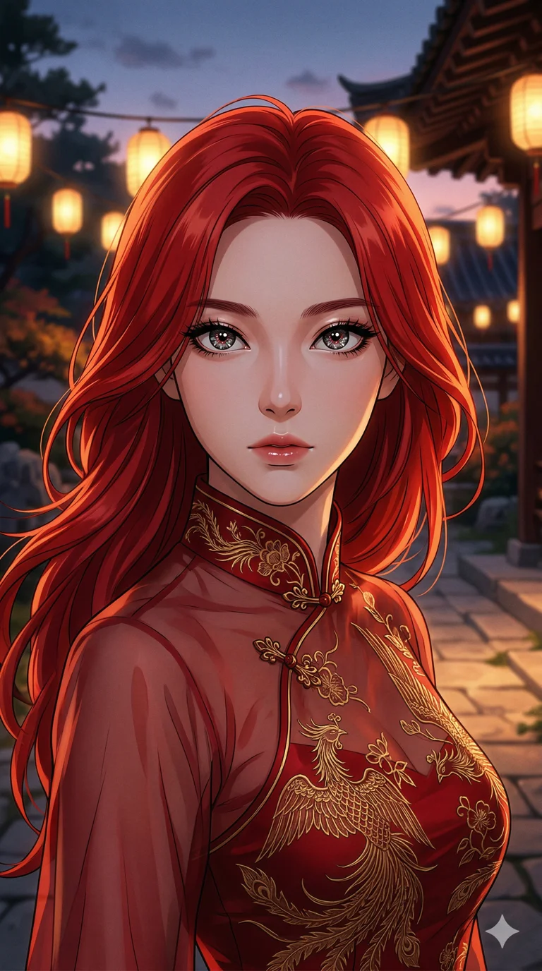 score_9, masterpiece, best quality, ultra-detailed, semi-realistic high-budget anime keyframe, an incredibly beautiful Korean woman. Close-up portrait filling more than half of the frame. She has an absolutely perfect 8-heads proportion, an exceptionally tall female figure with a delicate skinny figure. Her face is a highly detailed masterpiece featuring a v-shaped jawline, high-bridge nose, intricate jewel-like eyes, thick eyelashes, and glossy lips. She has vibrant red flowing hair. She is staring intensely, wearing an alluring sheer silk cheongsam with intricate gold embroidery, elegant neck and collarbone visible, highlighting her alluring silhouette. Traditional temple garden at twilight, cinematic glowing lanterns, dramatic rim lighting, 2k, ultra detail, master piece, 9:16 ratio