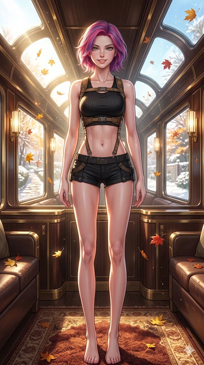 score_9, masterpiece, best quality, ultra-detailed, high-budget anime keyframe, vibrant anime aesthetic, Caucasian woman, strictly human ears. cowboy shot from the thighs up, character and outfit filling the frame for maximum presence. She is standin