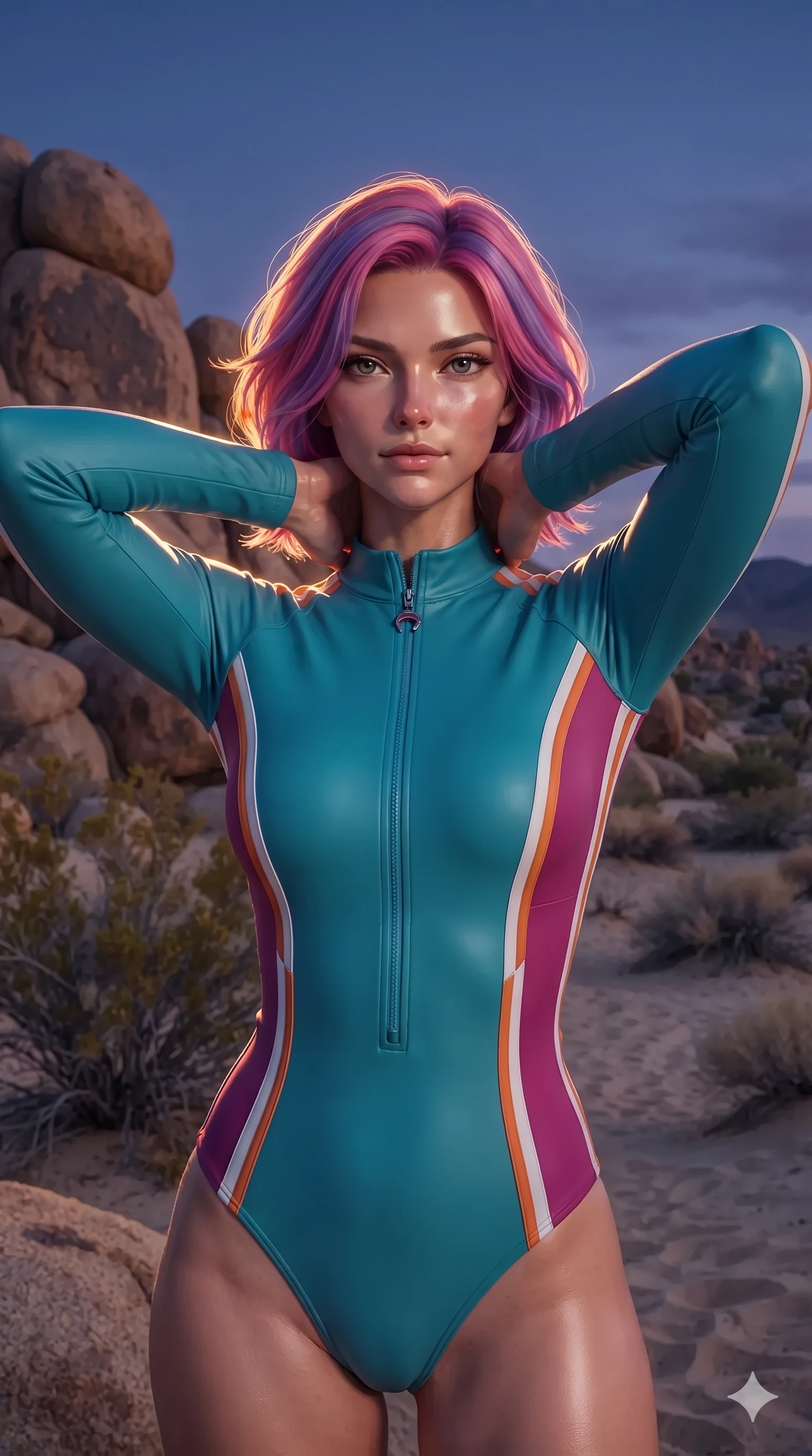 score_9, masterpiece, best quality, ultra-detailed, high-budget anime keyframe, editorial fashion photography, tasteful artistic composition, Caucasian woman. close-up cowboy shot from the waist and thighs up, the character dominates the composition, filling the frame with her large presence. resting both hands lightly behind her neck with elbows raised, arching her spine to highlight her narrow waist, flat midriff, and breathtaking collarbones while twisting her slender torso in an alluring contrapposto stance between giant stone boulders, twilight speculars tracing her sculpted flat midriff and curvy hips. The background shows a soft-focus desert twilight boulder garden softened in Joshua tree shallow focus. She has an exceptionally elegant, slender, and willowy female figure with an ultra-slim waist, flat toned midriff, narrow ribcage, and sculpted feminine hips creating an alluring, slim hourglass silhouette without bulk. sharp v-shaped jawline, high-bridge nose, sparkling eyes with hypnotic seductive depth, thick curled eyelashes, glossy parted lips with a natural dewy peach sheen, alluring bedroom-eyes with an enchanting coquettish smile, exuding magnetic siren charisma and sophisticated glamour, flawlessly proportioned anatomical accuracy, strict slender model proportions, natural body alignment, perfectly sculpted long slender limbs, ultra-slim waistline, clean dynamic posture without body distortion. wearing a form-contouring wet-look neoprene zip-front surfing bodysuit with high-cut leg openings and racing side stripes in blazing desert neon turquoise and fiery magenta, crafted from wet-look high-gloss vinyl fabric with dazzling specular surface reflections, accented with a silver concho belly chain resting across her flat midriff and curving hips, the form-contouring cut accentuating her sculpted flat midriff, narrow delicate ribcage, and gracefully curvy hips with intoxicating allure. illuminated by warm rock surface bounce and sharp golden-peach rim lights sculpting her razor-sharp jawline, narrow waist, and curvy hips. ultra-reflective glossy finish, specular highlights, rich textural contrasts, high-contrast stereoscopic depth, volumetric dynamic lighting, 2k, ultra detail, master piece, 9:16 ratio