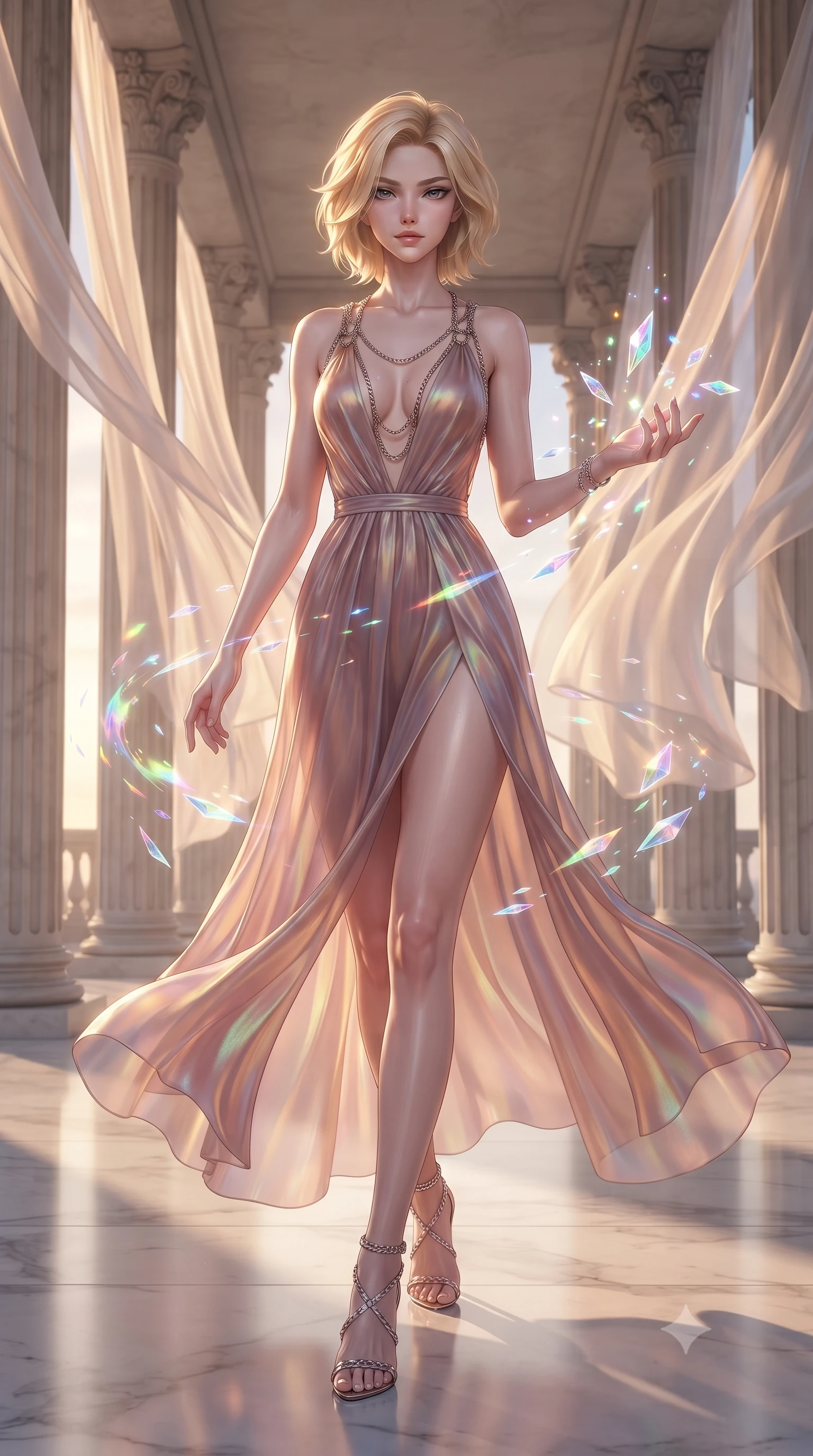 score_9, masterpiece, best quality, ultra-detailed, high-budget anime keyframe, editorial fashion photography, tasteful artistic composition, Caucasian woman. low angle full-body shot from head to toe showing her feet, filling the entire 9:16 vertical frame with her statuesque presence, stretching her vertical silhouette. interacting gracefully with the magical floating elements while maintaining a confident posture walking through an open-air colonnade with billowing silk gossamer curtains, translucent silk curtains drifting lazily in a warm sky breeze. She has an absolutely perfect, statuesque 8.5-heads proportion, an exceptionally tall and slender model-like female figure with impossibly long slender legs and an ultra-slim waist. sharp v-shaped jawline, high-bridge nose, intricate jewel-like eyes with depth, thick eyelashes, glossy lips with a natural sheen. wearing a translucent iridescent chiffon gown with a plunging neckline and open back in dusty rose and champagne gold, crafted from iridescent chiffon that shifts colors in the light, adorned with delicate metallic chain straps along the neckline, the sleek second-skin texture accentuating her magnetic presence. lit by brilliant warm key light softening into smooth, elegant gradients. ultra-reflective glossy finish, specular highlights, metallic sheen, high-contrast stereoscopic depth, volumetric dynamic lighting, 2k, ultra detail, master piece, 9:16 ratio