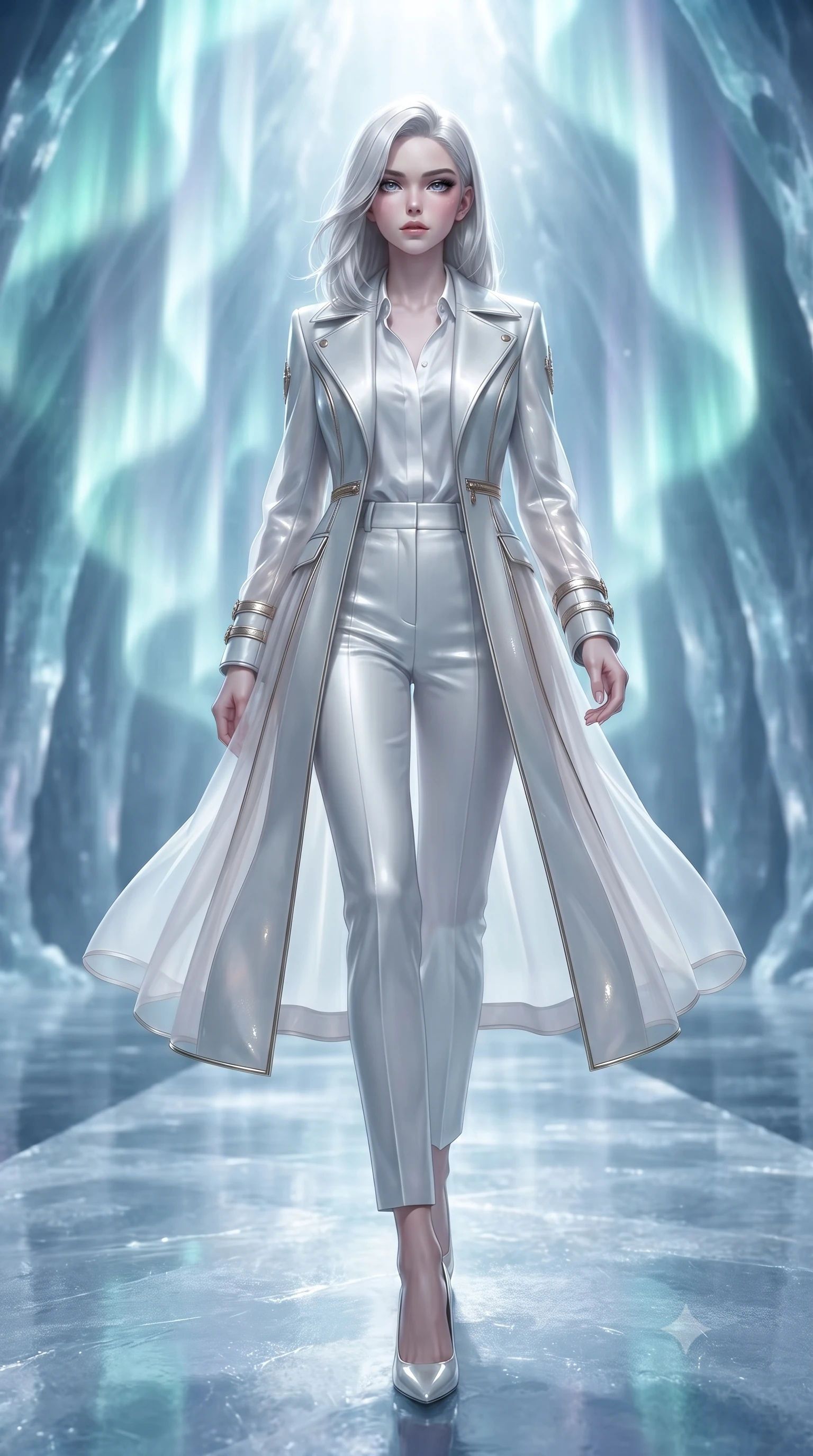 score_9, masterpiece, best quality, ultra-detailed, high-budget anime keyframe, editorial fashion photography, tasteful artistic composition, Caucasian woman. low angle full-body shot from head to toe showing her feet, filling the entire 9:16 vertical frame with her statuesque presence, stretching her vertical silhouette. navigating the celestial sanctuary with an effortless, graceful stride, standing on a reflective ice catwalk inside a glacier cathedral illuminated by shifting aurora borealis, dramatic polar light curtains cascading behind her in soft-focus. She has an absolutely perfect, statuesque 8.5-heads proportion, an exceptionally tall and slender model-like female figure with impossibly long slender legs and an ultra-slim waist. sharp v-shaped jawline, high-bridge nose, intricate jewel-like eyes with depth, thick eyelashes, glossy lips with a natural sheen. wearing structured platinum leather long coat over white silk blouse and tailored slacks in radiant platinum, made of sheer opal chiffon overlay, finished with metallic gold boning and sleek zipper points, contouring every curve with an exceptionally elegant silhouette. bathed in brilliant cold silver moonlight and vibrant polar light reflections. ultra-reflective glossy finish, specular highlights, metallic sheen, high-contrast stereoscopic depth, volumetric dynamic lighting, 2k, ultra detail, master piece, 9:16 ratio