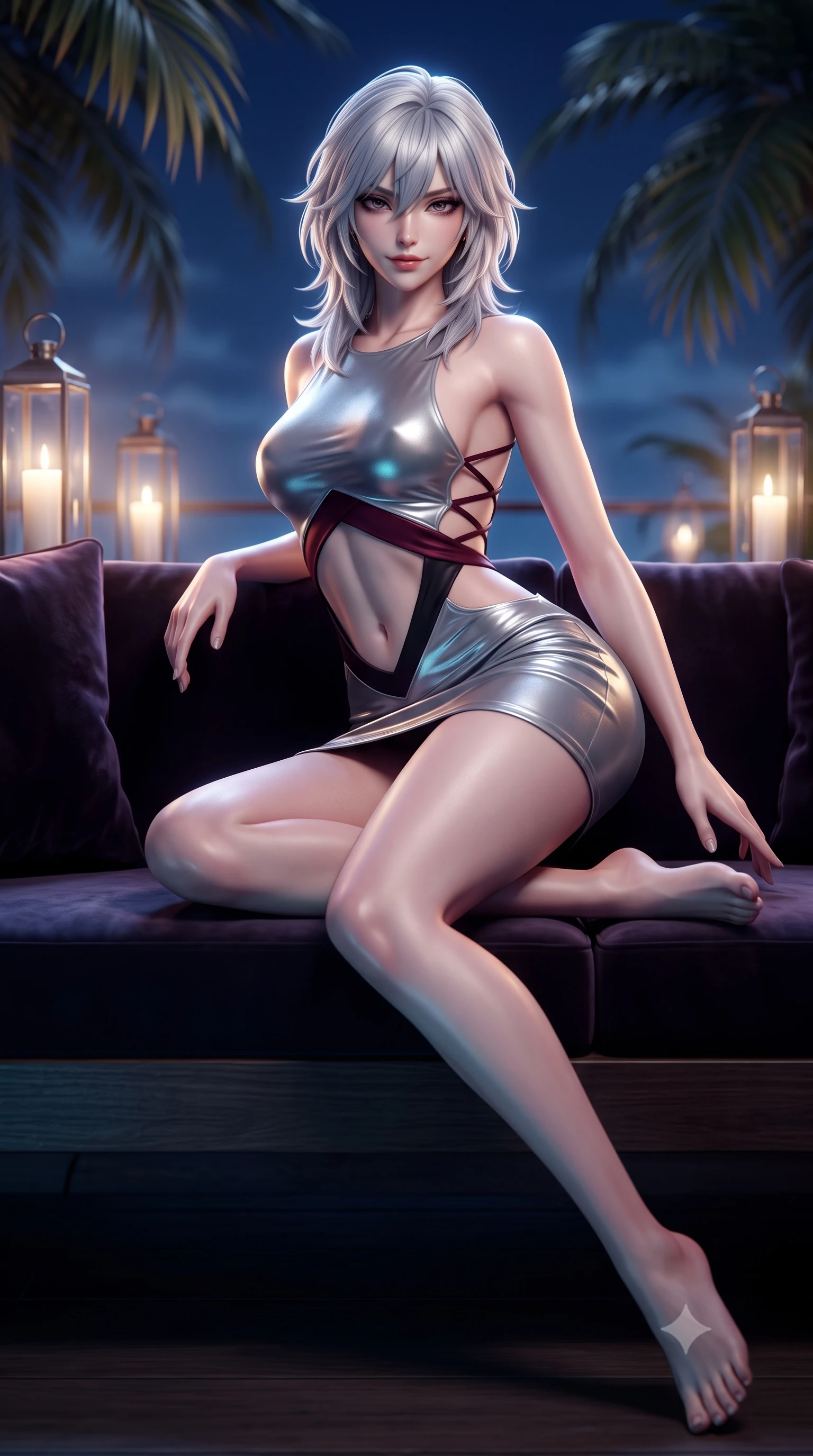 score_9, masterpiece, best quality, ultra-detailed, high-budget anime keyframe, semi-realistic 3D game render, editorial fashion photography, tasteful artistic composition, Japanese woman. low angle full-body shot from head to toe showing her feet, filling the entire 9:16 vertical frame with her statuesque presence, stretching her vertical silhouette. reclining languidly across the velvet banquette with one knee bent and hips angled toward the camera, displaying her toned midriff and long slender limbs with effortless sensual charisma while twisting her slender torso in an alluring contrapposto stance, midnight tropical breezes sculpting her fluid gown against her waist and curvy hips. The composition keeps background elements in soft focus with dreamy creamy bokeh. swaying midnight palm fronds and glowing glass deck lanterns softened in tropical high-altitude shallow focus. She has an exceptionally tall and slender model-like 8.5-heads proportion, an ultra-slim waist, a flat toned midriff, narrow delicate ribcage, and beautifully sculpted feminine hips creating a graceful, slim hourglass silhouette without any bulky heaviness, with impossibly long slender legs. sharp v-shaped jawline, high-bridge nose, intricate jewel-like dark sparkling eyes with dangerous depth, thick curled eyelashes, glossy parted lips with a rich wine sheen, smoldering seductive half-smile with bedroom-eyes, exuding effortless superiority and intoxicating dark allure, flawlessly proportioned anatomical accuracy, strict slender model proportions, natural body alignment, perfectly sculpted long slender limbs, ultra-slim waistline, clean dynamic posture without body distortion. wearing a cut-out liquid silver mini dress with open-waist architecture emphasizing her hourglass curves in deep wine burgundy and lustrous obsidian, made of liquid-tight stretch jersey emphasizing every curve of her body, featuring a dramatic criss-cross satin back lacing tracing her slender spine, the high-waisted tailoring accentuating her ultra-slim waistline and the enchanting curve of her feminine hips with alluring dark charm. illuminated by underwater pool LED downlights and crisp silver rim lighting sharply sculpting her razor-sharp jawline, narrow waist, and curvy hips. highly saturated vibrant anime colors, detailed shading with soft gradients, rich glossy textures, high-contrast stereoscopic depth, volumetric dynamic lighting, master piece, 9:16 ratio