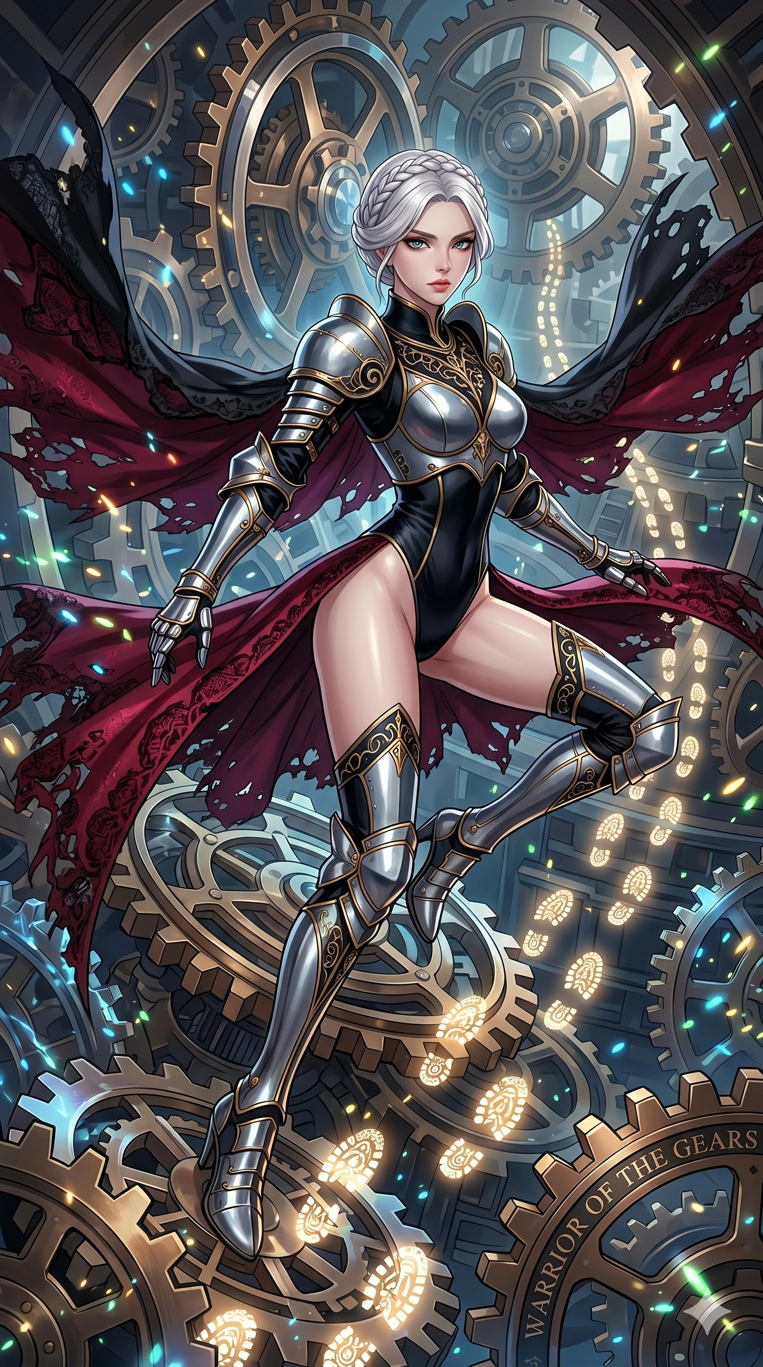 score_9, masterpiece, best quality, ultra-detailed, Set A: High-budget Anime Keyframe, Japanese woman. Upper body close-up from the thighs up, character filling the screen for maximum presence. Sliding through a throne of gears, as she leaves a trail of 298 glowing footprints and surrounded by glowing energy sparks. She has an absolutely perfect 8-heads proportion, an exceptionally tall and slender female figure with impossibly long slender legs and an ultra-slim waist. Sharp v-shaped jawline, high-bridge nose, intricate jewel-like eyes with depth, thick eyelashes, glossy lips with a natural sheen. Wearing Warrior-style plate armor over a high-cut silk leotard with tattered lace capes. Cinematic lighting, vibrant colors, dramatic shadows, 2k, ultra detail, master piece, 9:16 ratio