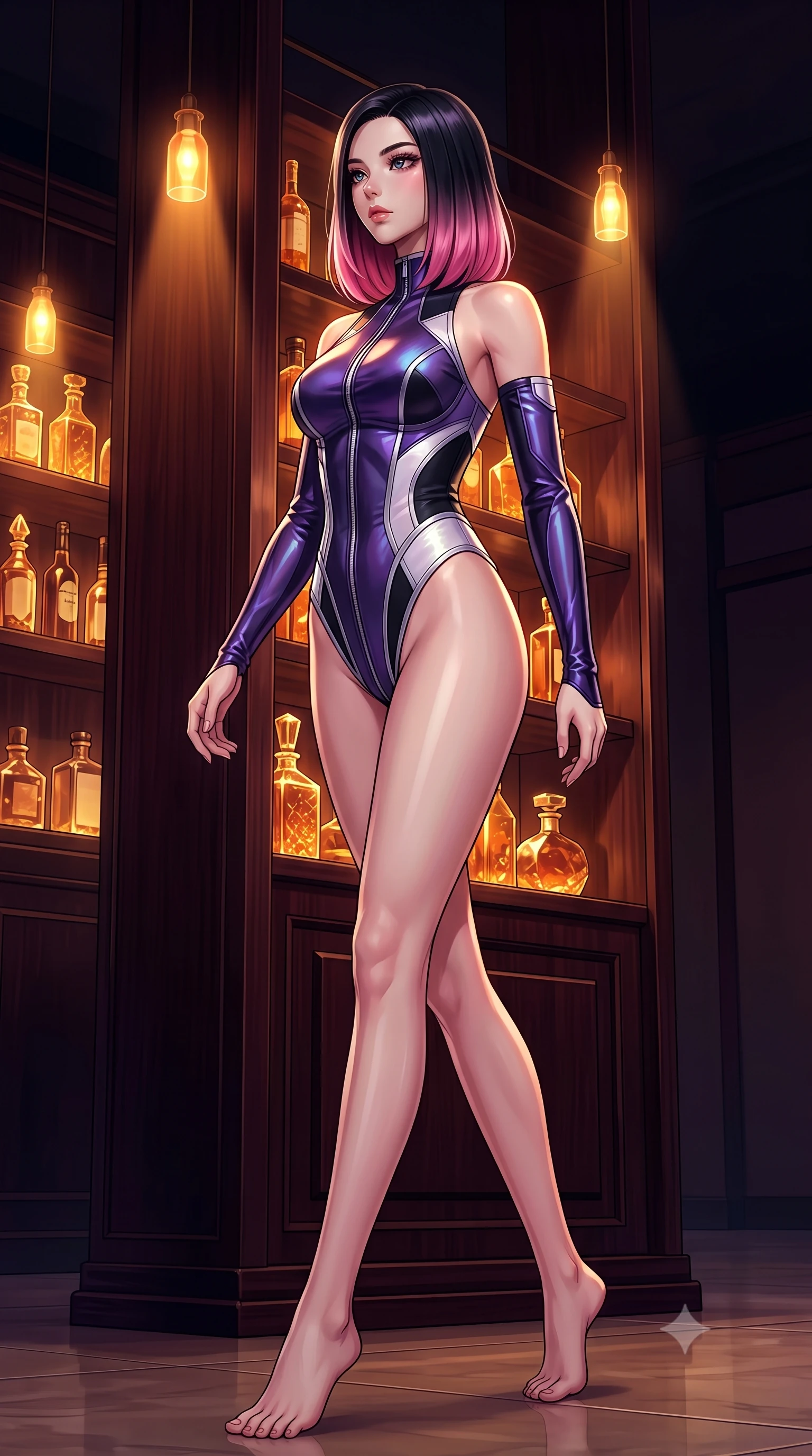 score_9, masterpiece, best quality, ultra-detailed, high-budget anime keyframe, editorial fashion photography, tasteful artistic composition, Korean woman. low angle full-body shot from head to toe showing her feet, filling the entire 9:16 vertical frame with her statuesque presence, stretching her vertical silhouette. stepping gracefully through the luxurious environment, stretching her statuesque silhouette, poised near a dark mahogany partition filled with glowing amber crystal bottles, low amber pendant spotlight casting intense key rays on her chest and shoulders. She has an absolutely perfect, statuesque 8.5-heads proportion, an exceptionally tall and slender model-like female figure with impossibly long slender legs and an ultra-slim waist. sharp v-shaped jawline, high-bridge nose, intricate jewel-like eyes with depth, thick eyelashes, glossy lips with a natural sheen. wearing asymmetric high-cut cyber-bodysuit with detached sleeves in onyx black in pearl white, made of iridescent dark violet taffeta, finished with metallic silver boning and sleek zipper points, sculpting her athletic slender build with refined precision. lit by low-key golden rays highlighting her refined silhouette. highly saturated vibrant anime colors, detailed shading with soft gradients, rich glossy textures, high-contrast stereoscopic depth, volumetric dynamic lighting, master piece, 9:16 ratio