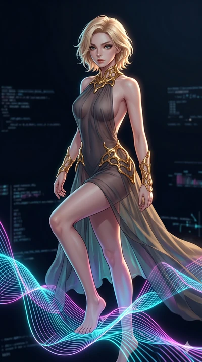 score_9, masterpiece, best quality, ultra-detailed, high-budget anime keyframe, Korean woman. upper body close-up from the thighs up, character filling the screen for maximum presence. stepping on holographic fluid ribbons of sound that ripple with c