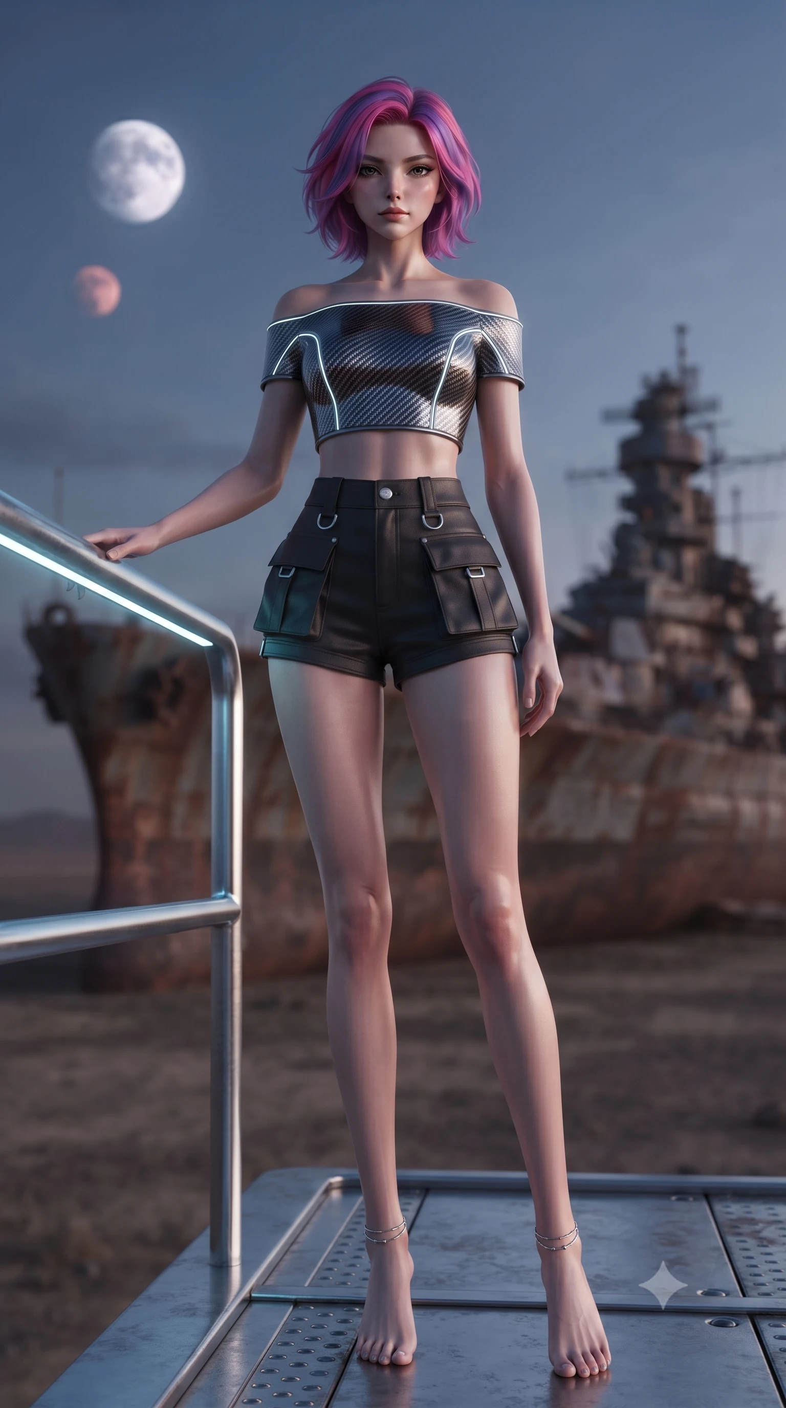 score_9, masterpiece, best quality, ultra-detailed, high-budget anime keyframe, editorial fashion photography, tasteful artistic composition, Caucasian woman. low angle full-body shot from head to toe showing her feet, filling the entire 9:16 vertical frame with her statuesque presence, stretching her vertical silhouette. standing in a tall, confident posture with one hand on a glowing metal railing, stretching her statuesque body, the background shows a soft-focus a rusted battleship deck parked on a dry dusty plain under two moons. She has an absolutely perfect, statuesque 8.5-heads proportion, an exceptionally tall and slender model-like female figure with impossibly long slender legs and an ultra-slim waist. sharp v-shaped jawline, high-bridge nose, intricate jewel-like eyes with depth, thick eyelashes, glossy lips with a natural sheen. wearing a tailored chic off-shoulder carbon-plate crop top, paired with high-waisted utility micro-shorts. cool silver moonlight casting high-contrast chiaroscuro shadows on her gear. ultra-reflective glossy finish, specular highlights, metallic sheen, high-contrast stereoscopic depth, volumetric dynamic lighting, 2k, ultra detail, master piece, 9:16 ratio
