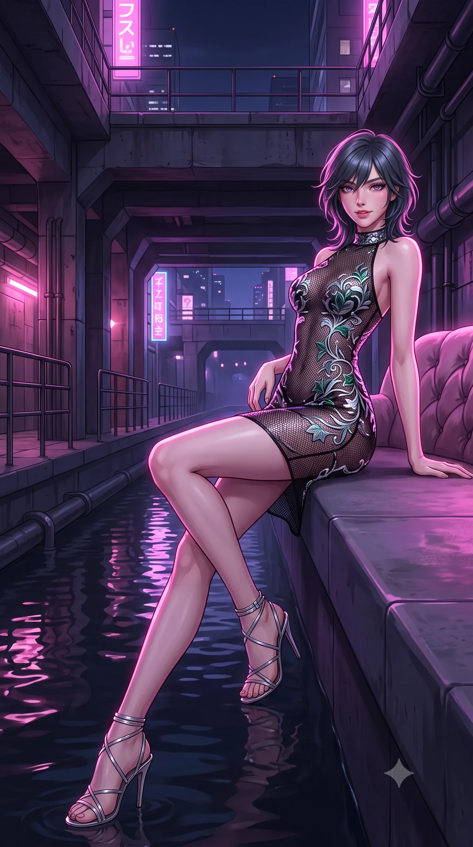 score_9, masterpiece, best quality, ultra-detailed, high-budget anime keyframe, semi-realistic 3D game render, editorial fashion photography, tasteful artistic composition, Caucasian woman. low angle full-body shot from head to toe showing her feet, filling the entire 9:16 vertical frame with her statuesque presence, stretching her vertical silhouette. reclining gracefully across the plush chaise lounge with one leg extended, her sculpted silhouette and flat midriff radiating magnetic nocturnal glamour while sitting poised on the sleek concrete canal ledge with one knee bent, arching her back with playful elegance and parted glossy lips. The surrounding environment is rendered in vivid detail and crisp panoramic clarity: detailed outfit texture, dynamic anime shading, and atmospheric subterranean canal engineering in razor-sharp precision. She has an exceptionally tall and slender model-like 8.5-heads proportion, an ultra-slim waist, a flat toned midriff, narrow delicate ribcage, and beautifully sculpted feminine hips creating a graceful, slim hourglass silhouette without any bulky heaviness, with impossibly long slender legs. sharp v-shaped jawline, high-bridge nose, intricate jewel-like sparkling eyes with depth, thick eyelashes, glossy parted lips with a natural peach sheen, bright cheerful beaming smile with an enchanting and coquettish sensual glint, exuding both youthful cute charm and seductive allure, flawlessly proportioned anatomical accuracy, strict slender model proportions, natural body alignment, perfectly sculpted long slender limbs, ultra-slim waistline, clean dynamic posture without body distortion. wearing a provocative sheer noir illusion mesh cocktail dress with embroidered climbing metallic ivy contouring her curves in holographic prismatic pearl and titanium white, crafted from stretch micro-mesh with liquid foil coating that shimmers with every movement, complemented by strappy stiletto sandals with metallic ankle wraps accentuating her slender calves, the impeccably tailored cut draping gracefully along her slender figure with aristocratic poise. illuminated by canal water reflection bounce and sharp neon-pink rim lights sculpting her jawline, narrow waist, and curvy hips. highly saturated vibrant anime colors, detailed shading with soft gradients, rich glossy textures, high-contrast stereoscopic depth, volumetric dynamic lighting, master piece, 9:16 ratio