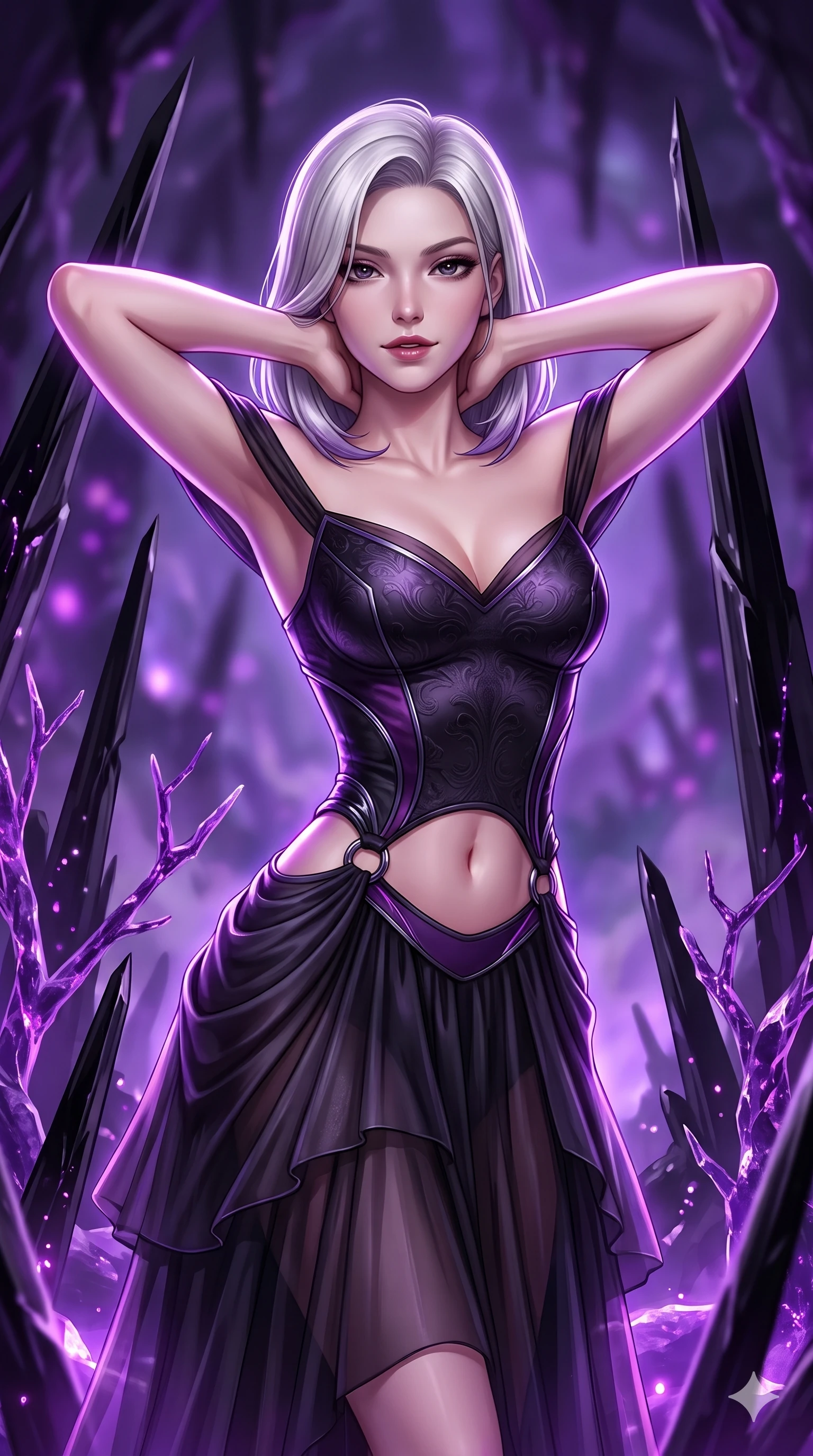 score_9, masterpiece, best quality, ultra-detailed, high-budget anime keyframe, semi-realistic 3D game render, editorial fashion photography, tasteful artistic composition, Caucasian woman. close-up cowboy shot from the waist and thighs up, the character dominates the composition, filling the frame with her large presence. resting both hands lightly behind her neck with elbows raised, arching her spine to highlight her narrow waist and flat midriff while twisting her slender torso in an alluring S-curve between jagged obsidian spires, purple bioluminescence illuminating her flat midriff and hips. The background shows a soft-focus towering black obsidian needle monoliths, branching violet crystal veins, and subterranean mist blurred into amethyst, violet, and obsidian bokeh. She has an exceptionally elegant, slender, and willowy female figure with an ultra-slim waist, flat toned midriff, narrow ribcage, and sculpted feminine hips creating an alluring, slim hourglass silhouette without bulk. sharp v-shaped jawline, high-bridge nose, intricate jewel-like dark sparkling eyes with hypnotic seductive depth, thick curled eyelashes, glossy parted lips with a natural wine sheen, alluring bedroom-eyes with an enigmatic smoldering smile, exuding magnetic sovereign charisma and dark avant-garde glamour, flawlessly proportioned anatomical accuracy, strict slender model proportions, natural body alignment, perfectly sculpted long slender limbs, ultra-slim waistline, clean dynamic posture without body distortion. wearing a tiered semi-sheer black tulle and silk slip dress with an ultra-slim corseted waist and bare shoulders in royal amaranth purple and liquid platinum, tailored from rich silk jacquard with subtle embossed baroque patterns, accented with sculpted obsidian chrome rings at the waist, accentuating her gracefully sculpted slender torso and statuesque proportions. illuminated by crystalline floor bounce and sharp amethyst-violet rim lights defining her razor-sharp jawline, narrow waist, and curvy hips. highly saturated vibrant anime colors, detailed shading with soft gradients, rich glossy textures, high-contrast stereoscopic depth, volumetric dynamic lighting, master piece, 9:16 ratio