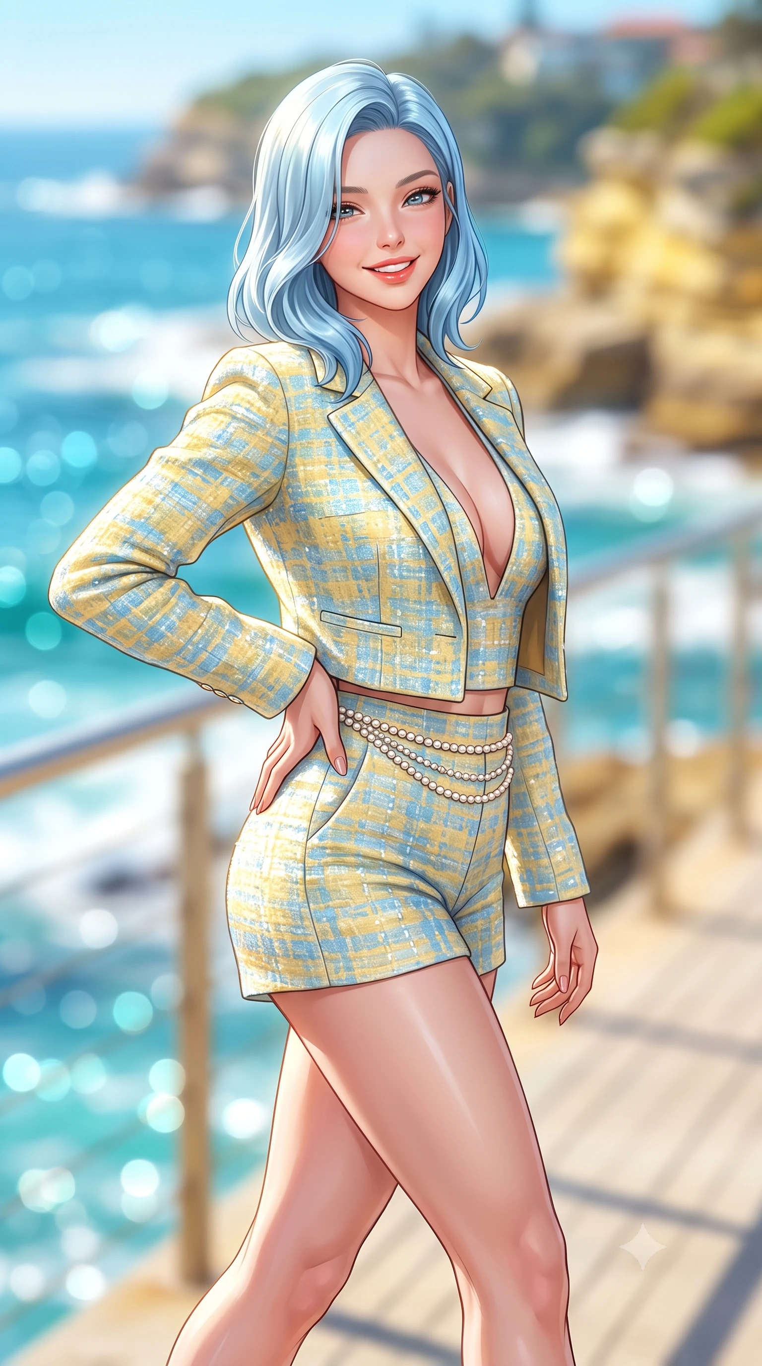score_9, masterpiece, best quality, ultra-detailed, high-budget anime keyframe, semi-realistic 3D game render, editorial fashion photography, tasteful artistic composition, Korean woman. close-up cowboy shot from the waist and thighs up, the character dominates the composition, filling the frame with her large presence. twisting her slender torso in an alluring contrapposto stance, one hand resting on her sculpted hip while flashing a radiant, playful smile with parted glossy lips while striding along the elevated coastal walkway overlooking the famous turquoise ocean pool, arching her back with an infectious, sun-kissed smile. The composition keeps background elements in soft focus with dreamy creamy bokeh. glittering turquoise Bondi ocean waters, white breaking surf, and yellow sandstone cliffs blurred into cyan, sapphire, and gold bokeh. She has an exceptionally elegant, slender, and willowy female figure with an ultra-slim waist, flat toned midriff, narrow ribcage, and sculpted feminine hips creating an alluring, slim hourglass silhouette without bulk. sharp v-shaped jawline, high-bridge nose, intricate jewel-like sparkling eyes with depth, thick eyelashes, glossy parted lips with a natural peach sheen, bright cheerful beaming smile with an enchanting and coquettish sensual glint, exuding both youthful cute charm and seductive allure, flawlessly proportioned anatomical accuracy, strict slender model proportions, natural body alignment, perfectly sculpted long slender limbs, ultra-slim waistline, clean dynamic posture without body distortion. wearing a chic cropped linen blazer worn with a plunging-V camisole and high-waisted tailored hot-pants showcasing her long slender legs in sunny daffodil yellow and clear sky blue, tailored from soft pastel tweed with subtle metallic shimmer, accented with a dainty pearl waist chain catching the ambient sunlight, the glove-like silhouette tightly following the natural contour of her hips and long slender legs with youthful 8.5-heads elegance. bathed in brilliant Australian coastal sunshine and radiant turquoise water bounce fill. highly saturated vibrant anime colors, detailed shading with soft gradients, rich glossy textures, high-contrast stereoscopic depth, volumetric dynamic lighting, master piece, 9:16 ratio