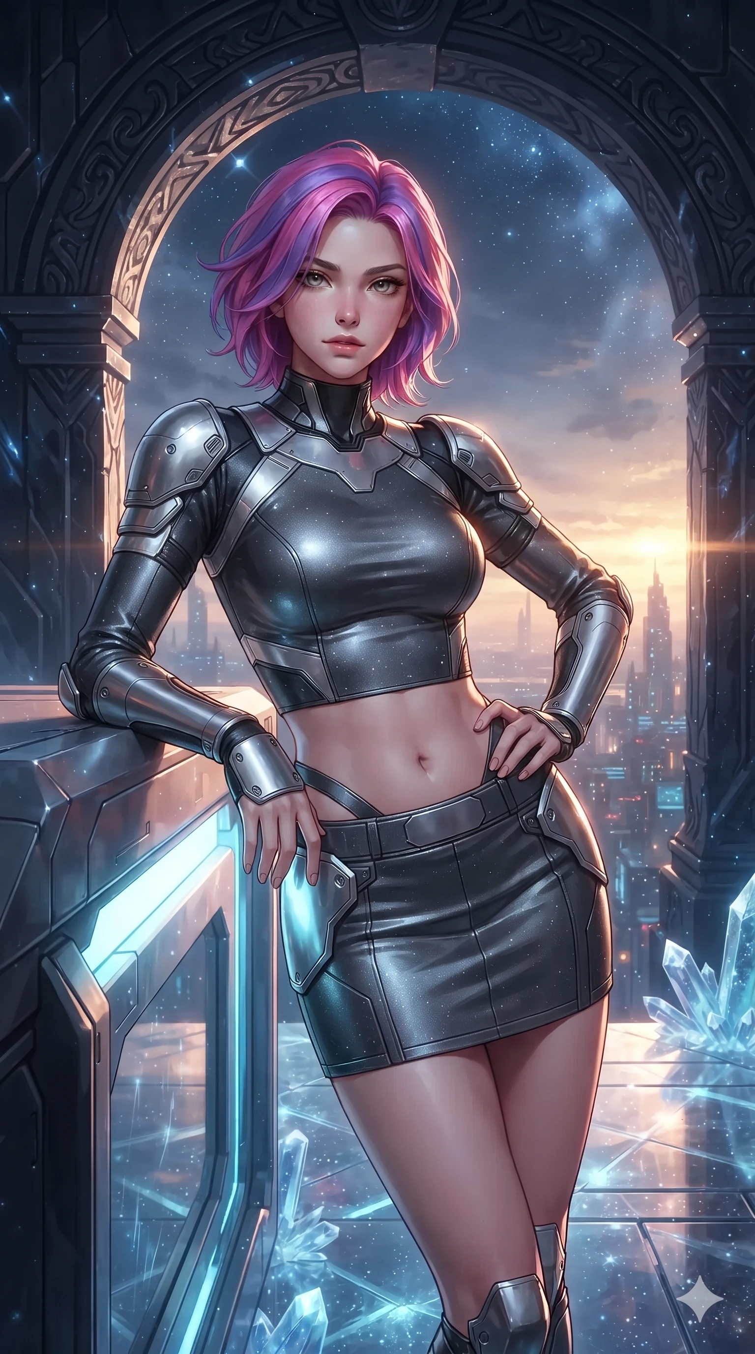 score_9, masterpiece, best quality, ultra-detailed, high-budget anime keyframe, editorial fashion photography, tasteful artistic composition, Caucasian woman. close-up cowboy shot from the waist and thighs up, the character dominates the composition, filling the frame with her large presence. leaning back against the glowing maintenance bulkhead with relaxed seductive grace, her flat midriff and narrow waist highlighted as laser ambient light traces her curves while standing poised at the edge of the crystalline promontory beneath a massive obsidian archway, arching her lower back with sovereign supermodel grace. The surrounding environment is rendered in vivid detail and crisp panoramic clarity: detailed haute-couture flight tailoring, metallic thread accents, and monumental alien architecture in razor-sharp precision. She has an exceptionally elegant, slender, and willowy female figure with an ultra-slim waist, flat toned midriff, narrow ribcage, and sculpted feminine hips creating an alluring, slim hourglass silhouette without bulk. sharp v-shaped jawline, high-bridge nose, intricate jewel-like sparkling eyes with depth, thick eyelashes, glossy parted lips with a natural sheen, bright confident smile with an enchanting and coquettish sensual glint, exuding both youthful magnetic charm and sovereign high-tech allure, flawlessly proportioned anatomical accuracy, strict slender model proportions, natural body alignment, perfectly sculpted long slender limbs, ultra-slim waistline, clean dynamic posture without body distortion. wearing a body-hugging modern carbon-alloy crop top paired with a low-rise tactical skirt and a subtle waist cut-out in metallic graphite and starlight platinum, formed from supple thermal silicone composite adhering seamlessly like a second skin, accented with strategically placed chrome armor plate guards covering key curves, the form-contouring cut accentuating her sculpted flat midriff, narrow delicate ribcage, and gracefully curvy hips with cybernetic supermodel precision. bathed in the crisp cool diamond starlight of an unpolluted alien night sky mixed with subtle warm golden sunset remnants at the horizon. ultra-reflective glossy finish, specular highlights, rich textural contrasts, high-contrast stereoscopic depth, volumetric dynamic lighting, 2k, ultra detail, master piece, 9:16 ratio