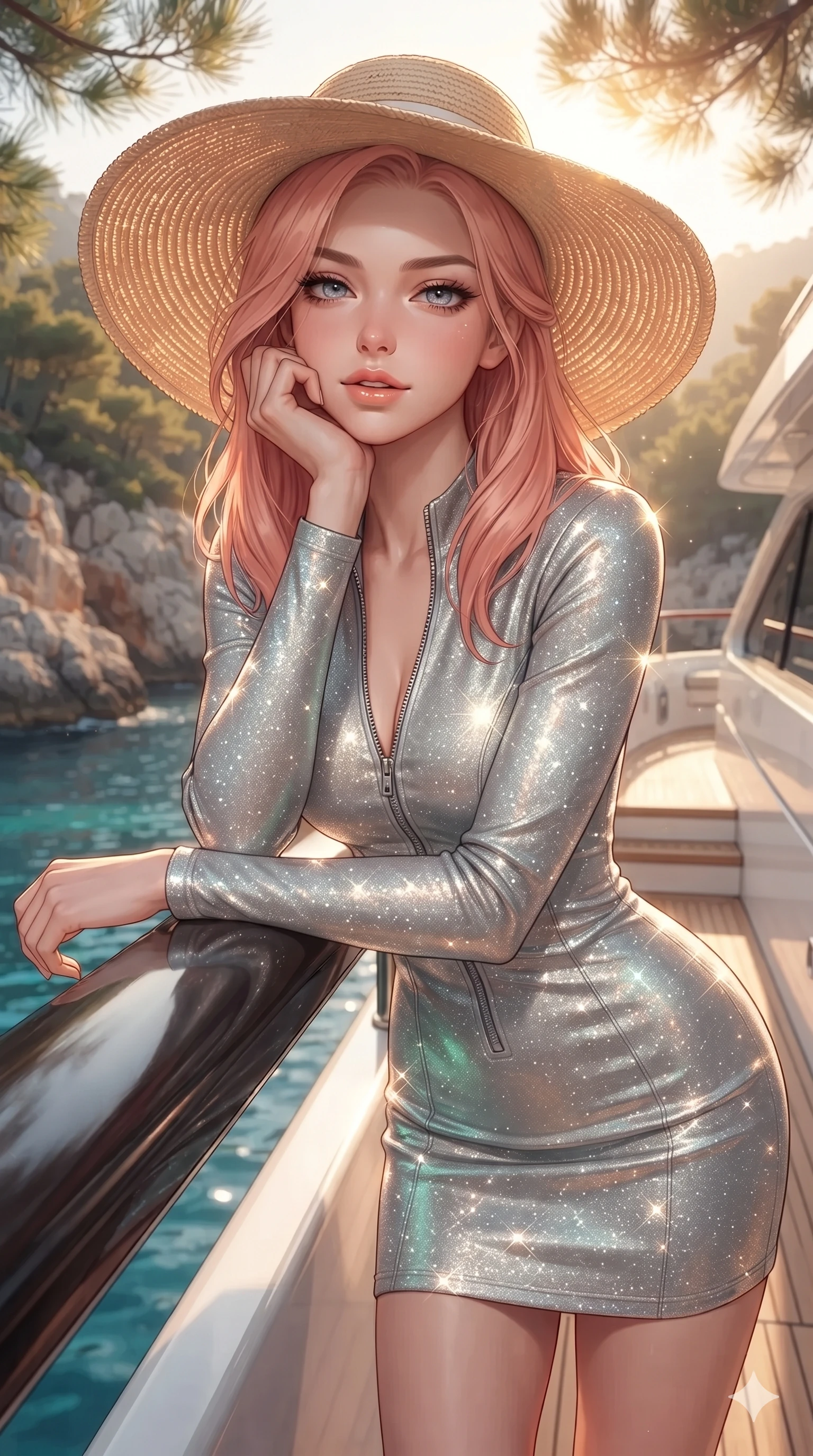 score_9, masterpiece, best quality, ultra-detailed, high-budget anime keyframe, editorial fashion photography, tasteful artistic composition, Japanese woman. close-up cowboy shot from the waist and thighs up, the character dominates the composition, filling the frame with her large presence. resting one elbow on the yacht railing and supporting her chin, leaning close to the camera with heavy-lidded sparkling eyes and parted lips while twisting her slender torso in an alluring contrapposto stance, dappled pine branch shadows and turquoise reflections tracing her narrow waist and curvy hips. The surrounding environment is rendered in vivid detail and crisp panoramic clarity: detailed one-shoulder liquid jersey resort gown tailoring, dramatic hip-high slit, and Mediterranean cove geology in razor-sharp precision. She has an exceptionally elegant, slender, and willowy female figure with an ultra-slim waist, flat toned midriff, narrow ribcage, and sculpted feminine hips creating an alluring, slim hourglass silhouette without bulk. sharp v-shaped jawline, high-bridge nose, sparkling eyes with hypnotic seductive depth, thick curled eyelashes, glossy parted lips with a natural dewy peach sheen, alluring bedroom-eyes with an enchanting coquettish smile, exuding magnetic siren charisma and sophisticated glamour, flawlessly proportioned anatomical accuracy, strict slender model proportions, natural body alignment, perfectly sculpted long slender limbs, ultra-slim waistline, clean dynamic posture without body distortion. wearing a glove-like stretch lambskin leather racer mini dress with double-ended front zipper and waist-cinching seams in shimmering silver mercury and sunlit seafoam pearl, woven from stretch metallic lurex jersey casting radiant starlight glints across her silhouette, finished with a wide-brimmed woven straw sunhat tipped back to frame her face and long glossy hair, the impeccably tailored cut draping gracefully along her slender figure with aristocratic resort poise. bathed in the luminous, warm golden-hour light filtering softly through maritime pines with dappled light dances. ultra-reflective glossy finish, specular highlights, rich textural contrasts, high-contrast stereoscopic depth, volumetric dynamic lighting, 2k, ultra detail, master piece, 9:16 ratio