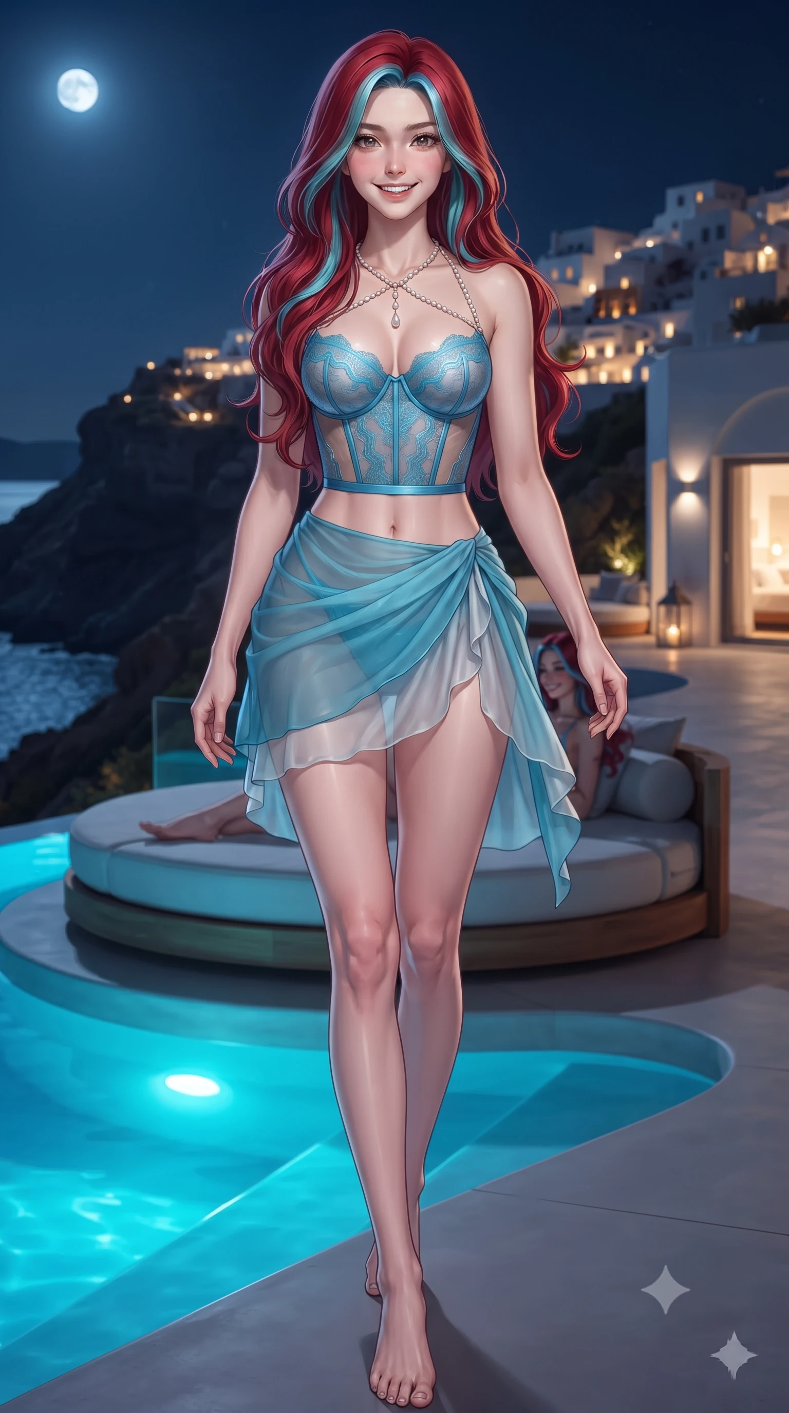 score_9, masterpiece, best quality, ultra-detailed, high-budget anime keyframe, editorial fashion photography, tasteful artistic composition, Caucasian woman. low angle full-body shot from head to toe showing her feet, filling the entire 9:16 vertical frame with her statuesque presence, stretching her vertical silhouette. stepping slowly toward the camera with hypnotic grace, hips swaying in an alluring sensual rhythm that accentuates her curvy hourglass silhouette and long slender legs while lounging on the circular sunbed propped on one elbow with legs extended, displaying her long slender limbs and statuesque hourglass silhouette against the Mediterranean nocturnal panorama. The surrounding environment is rendered in vivid detail and crisp panoramic clarity: detailed ethereal sheer pleated georgette resort slip dress, hip-high side slits, open cowl back, and coastal architecture in razor-sharp precision. She has an exceptionally tall and slender model-like 8.5-heads proportion, an ultra-slim waist, a flat toned midriff, narrow delicate ribcage, and beautifully sculpted feminine hips creating a graceful, slim hourglass silhouette without any bulky heaviness, with impossibly long slender legs. sharp v-shaped jawline, high-bridge nose, intricate jewel-like sparkling eyes with depth, thick eyelashes, glossy parted lips with a natural peach sheen, bright cheerful beaming smile with an enchanting and coquettish sensual glint, exuding both youthful cute charm and seductive allure, flawlessly proportioned anatomical accuracy, strict slender model proportions, natural body alignment, perfectly sculpted long slender limbs, ultra-slim waistline, clean dynamic posture without body distortion. wearing a sculpted translucent bustier in azure-blue lace with sheer side panels paired with a draped gossamer mini skirt in Capri Grotta cyan and radiant moonlit silver, made of sheer gossamer chiffon that drapes softly against skin with airy translucence, accented with a pearl-drop body harness subtly framing her dewy collarbones and spine, the second-skin tailored fabric adhering flawlessly to her sculpted flat midriff and slender torso, emphasizing her long leg lines and perfectly proportioned willowy build. bathed in electric underwater pool turquoise LEDs contrasted with warm golden village lights and Mediterranean moonlight. ultra-reflective glossy finish, specular highlights, rich textural contrasts, high-contrast stereoscopic depth, volumetric dynamic lighting, 2k, ultra detail, master piece, 9:16 ratio