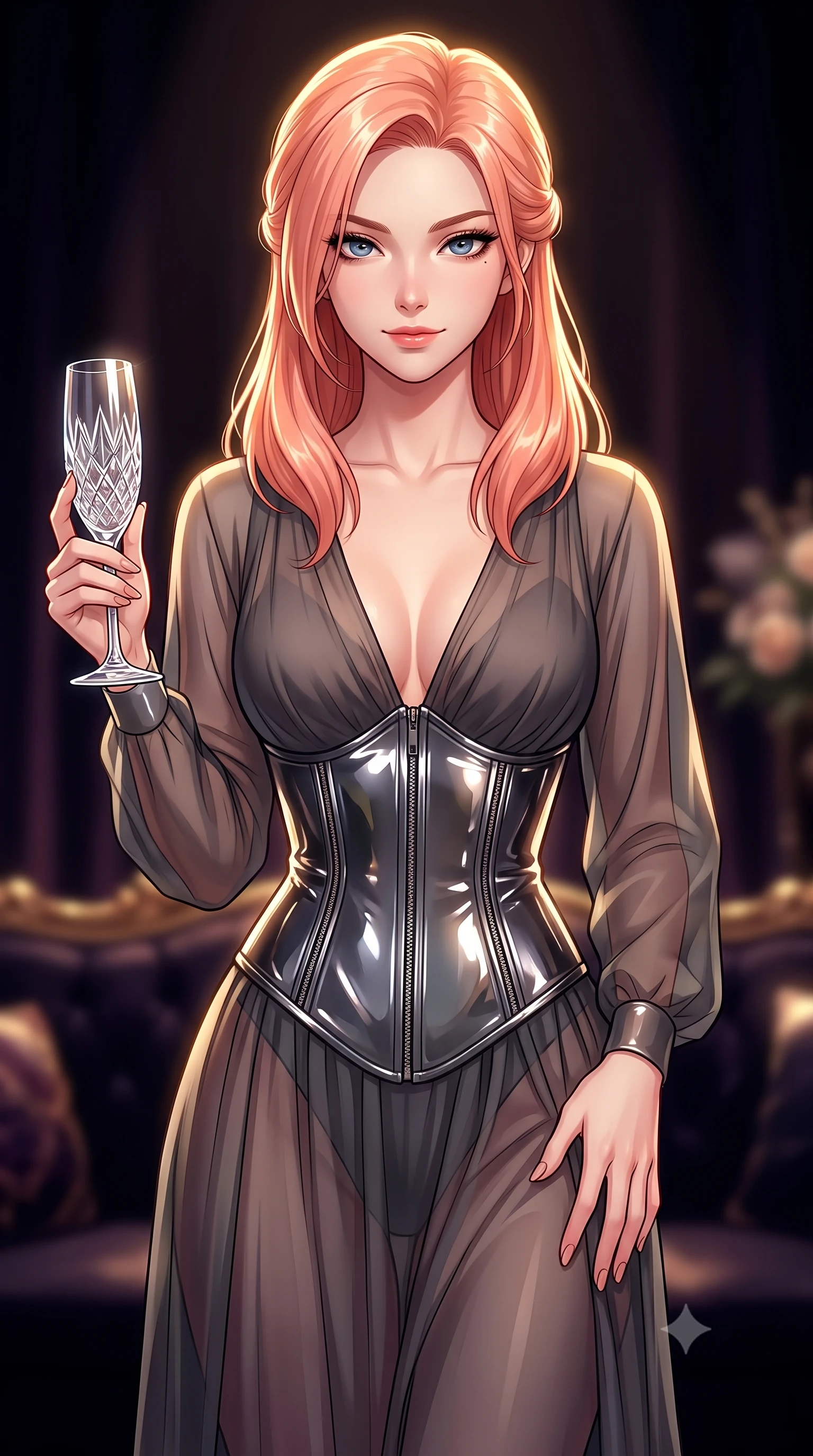 score_9, masterpiece, best quality, ultra-detailed, high-budget anime keyframe, editorial fashion photography, tasteful artistic composition, Japanese woman. close-up cowboy shot from the waist and thighs up, the character dominates the composition, filling the frame with her large presence, background elements kept in soft focus. Smiling with quiet, magnetic self-assurance directly into the camera, holding a crystal flute while looking into the camera with quiet self-assurance, opulent high-fashion editorial aesthetic. She has an exceptionally elegant, slender, and willowy female figure with an ultra-slim waist, a gracefully sculpted slender torso, and a refined silhouette. sharp v-shaped jawline, high-bridge nose, intricate jewel-like eyes with depth, thick eyelashes, glossy lips with a natural sheen. wearing semi-opaque sheer dark chiffon gown revealing structured corset silhouette in dark charcoal gray, made of high-gloss liquid vinyl, finished with metallic silver boning and sleek zipper points, highlighting her statuesque proportions and ultra-slim waistline. lit by intense golden spotlighting contrasting against dark velvet shadows. highly saturated vibrant anime colors, detailed shading with soft gradients, rich glossy textures, high-contrast stereoscopic depth, volumetric dynamic lighting, master piece, 9:16 ratio