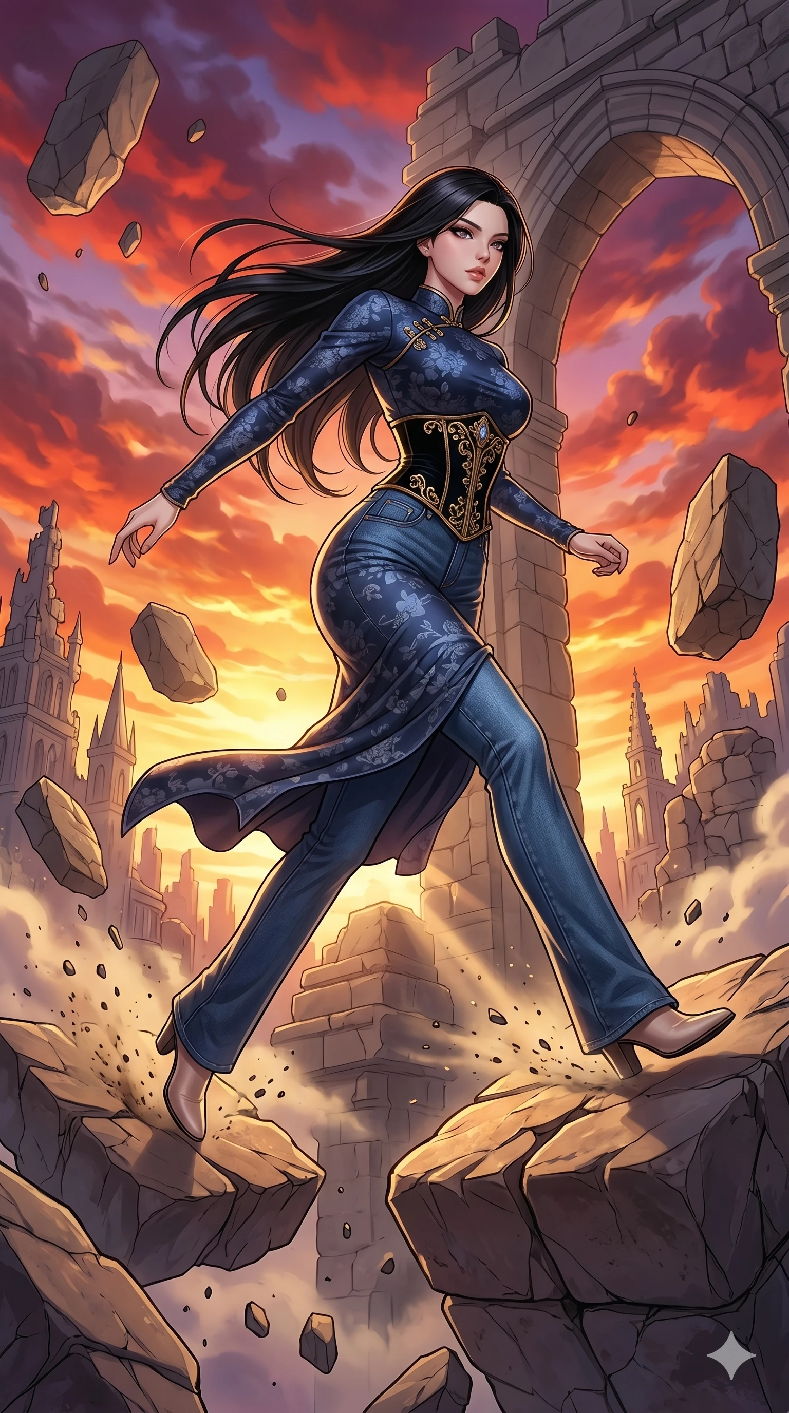 score_9, masterpiece, best quality, ultra-detailed, Set C: High-budget Anime Keyframe, Korean woman. Low angle cowboy shot filling the entire 9:16 frame with her statuesque presence. Leaping across floating debris in a crumbling castle under a vibrant sunset sky. She has an absolutely perfect 8-heads proportion, an exceptionally tall and slender female figure with elegant long slender legs and an slender waist. Sharp v-shaped jawline, high-bridge nose, intricate jewel-like eyes with depth, thick eyelashes, glossy lips. Wearing an Urban Trendsetter outfit: elegant form-fitting dress with high-waist denim and a ornate corset. Background is a bright and colorful ruin with floating stones and a fiery orange and purple sky. 2k, ultra detail, master piece, 9:16 ratio