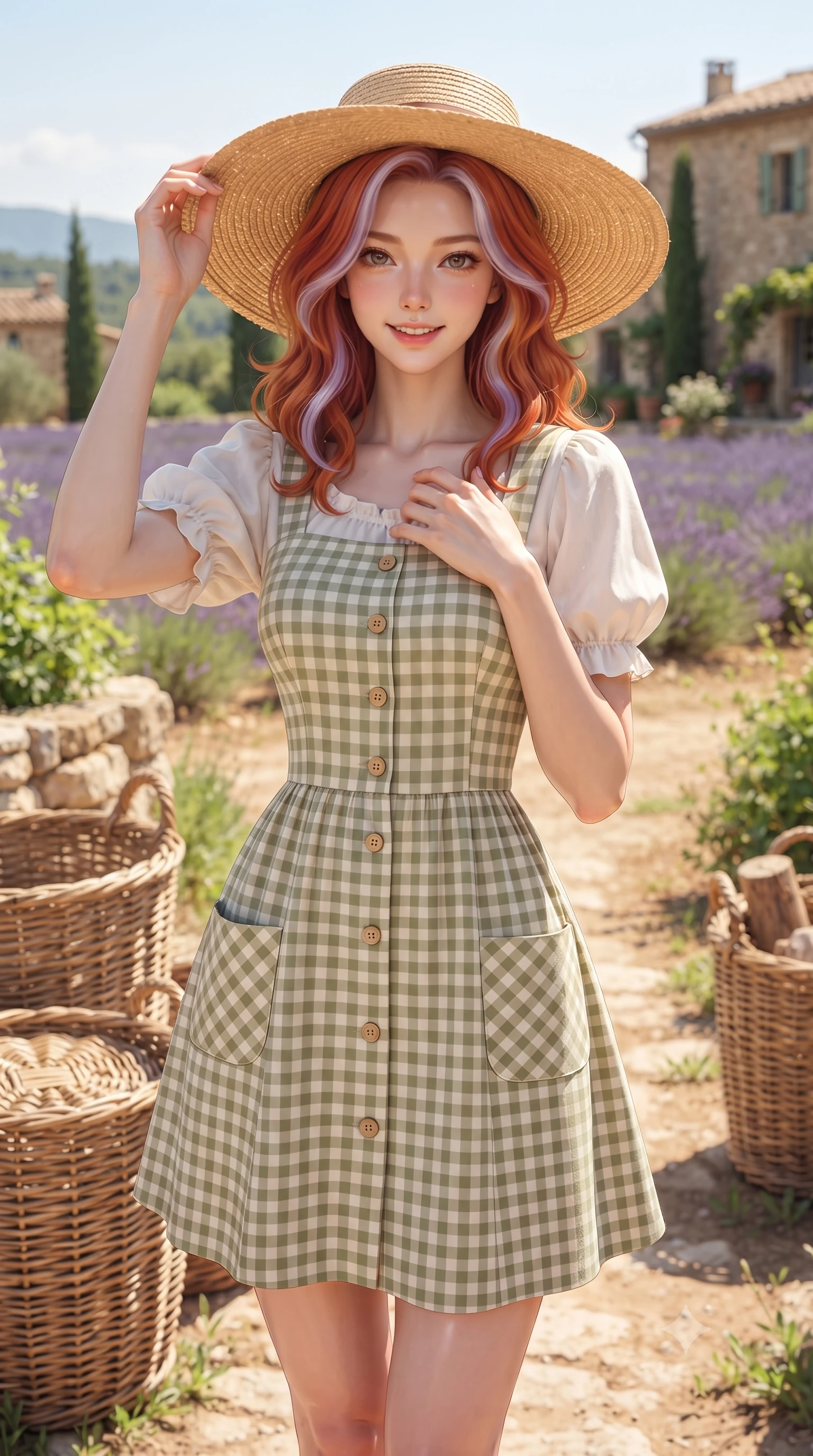 score_9, masterpiece, best quality, ultra-detailed, high-budget anime keyframe, editorial fashion photography, tasteful artistic composition, Caucasian woman. close-up cowboy shot from the waist and thighs up, the character dominates the composition, filling the frame with her large presence. holding her hands loosely near her heart with an enchanting, affectionate gaze looking directly into the lens while adjusting her wide-brimmed straw hat against the gentle summer breeze with a cute, youthful grin. The surrounding environment is rendered in vivid detail and crisp panoramic clarity. textured wicker basket weaves, sun-warmed earth pathways, and picturesque Provençal landscapes in panoramic clarity. She has an exceptionally elegant, slender, and willowy female figure with an ultra-slim waist, a gracefully sculpted slender torso, toned flat midriff, and a refined slim silhouette. sharp v-shaped jawline, high-bridge nose, intricate jewel-like eyes with depth, thick eyelashes, glossy lips with a natural sheen, pure and lovely fresh girlhood expression, flawlessly proportioned anatomical accuracy, strict slender model proportions, natural body alignment, perfectly sculpted long slender limbs, ultra-slim waistline, clean dynamic posture without body distortion. wearing a charming pastel gingham pinafore dress layered over a soft white puff-sleeve blouse in muted olive green and ivory cotton, made of fine lightweight chiffon with a soft fluid drape, finished with neat natural wooden buttons and patch pocket details, the chic real-way fashion cut emphasizing her effortless charm, flat midriff, and slender model proportions. illuminated by bright sunny Mediterranean light with soft specular highlights tracing her slender curves. ultra-reflective glossy finish, specular highlights, rich natural textures, high-contrast stereoscopic depth, volumetric dynamic lighting, 2k, ultra detail, master piece, 9:16 ratio