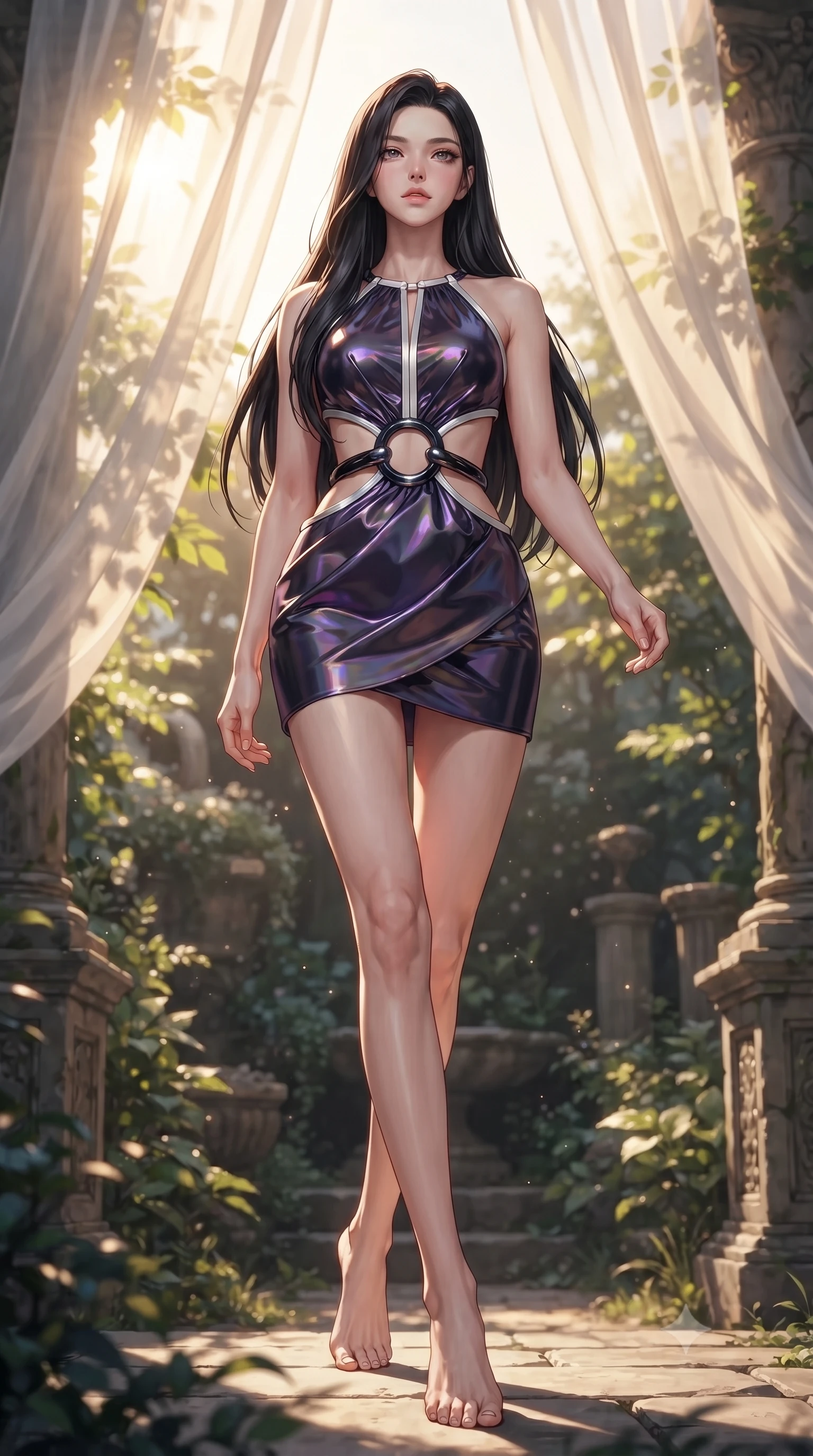 score_9, masterpiece, best quality, ultra-detailed, high-budget anime keyframe, editorial fashion photography, tasteful artistic composition, Korean woman. low angle full-body shot from head to toe showing her feet, filling the entire 9:16 vertical frame with her statuesque presence, stretching her vertical silhouette. navigating the private sanctuary with an effortless, graceful stride, stepping gracefully under a sheer silk canopy fluttering in a gentle breeze, dewy natural skin glow under bright sun-drenched lighting. She has an absolutely perfect, statuesque 8.5-heads proportion, an exceptionally tall and slender model-like female figure with impossibly long slender legs and an ultra-slim waist. sharp v-shaped jawline, high-bridge nose, intricate jewel-like eyes with depth, thick eyelashes, glossy lips with a natural sheen. wearing dramatic architectural open-waist cutout mini dress in dark velvet framed by chrome hardware in pearl white, made of iridescent dark violet taffeta, accented with sculpted obsidian chrome rings at the waist, sculpting her athletic slender build with refined precision. lit by golden-hour sunlight casting graceful organic leaf shadows. ultra-reflective glossy finish, specular highlights, metallic sheen, high-contrast stereoscopic depth, volumetric dynamic lighting, 2k, ultra detail, master piece, 9:16 ratio