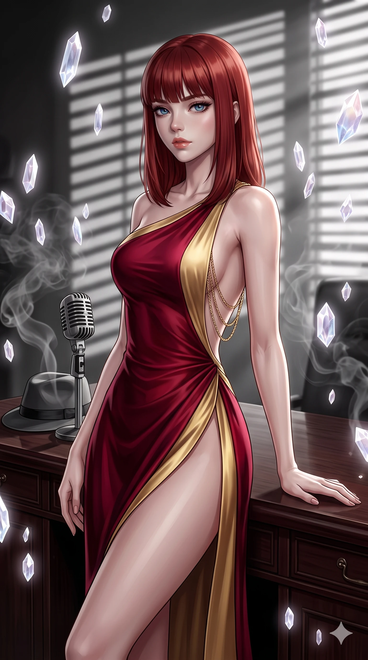 score_9, masterpiece, best quality, ultra-detailed, high-budget anime keyframe, editorial fashion photography, tasteful artistic composition, Caucasian woman, strictly human ears. close-up cowboy shot from the waist and thighs up, the character dominates the composition, filling the frame with her large presence, background elements kept in soft focus. Resting one arm elegantly against a surface with a poised relaxed stance. set against a soft-focus background of a classic monochrome film noir movie set with venetian blind shadows cutting across the space smoky tendrils drifting past a vintage microphone and a fedora resting on a mahogany desk. She has an exceptionally elegant and slender, willowy female figure with an ultra-slim waist, a gracefully sculpted slender torso, and a refined slim physique. sharp v-shaped jawline, high-bridge nose, intricate jewel-like eyes with depth, thick eyelashes, glossy lips with a natural sheen. wearing a high-slit evening gown in deep crimson and gold silk, featuring an asymmetric one-shoulder design and a bare back with gold chains. ethereal pearlescent light emanating from floating crystalline formations all around. 2k, ultra detail, master piece, 9:16 ratio