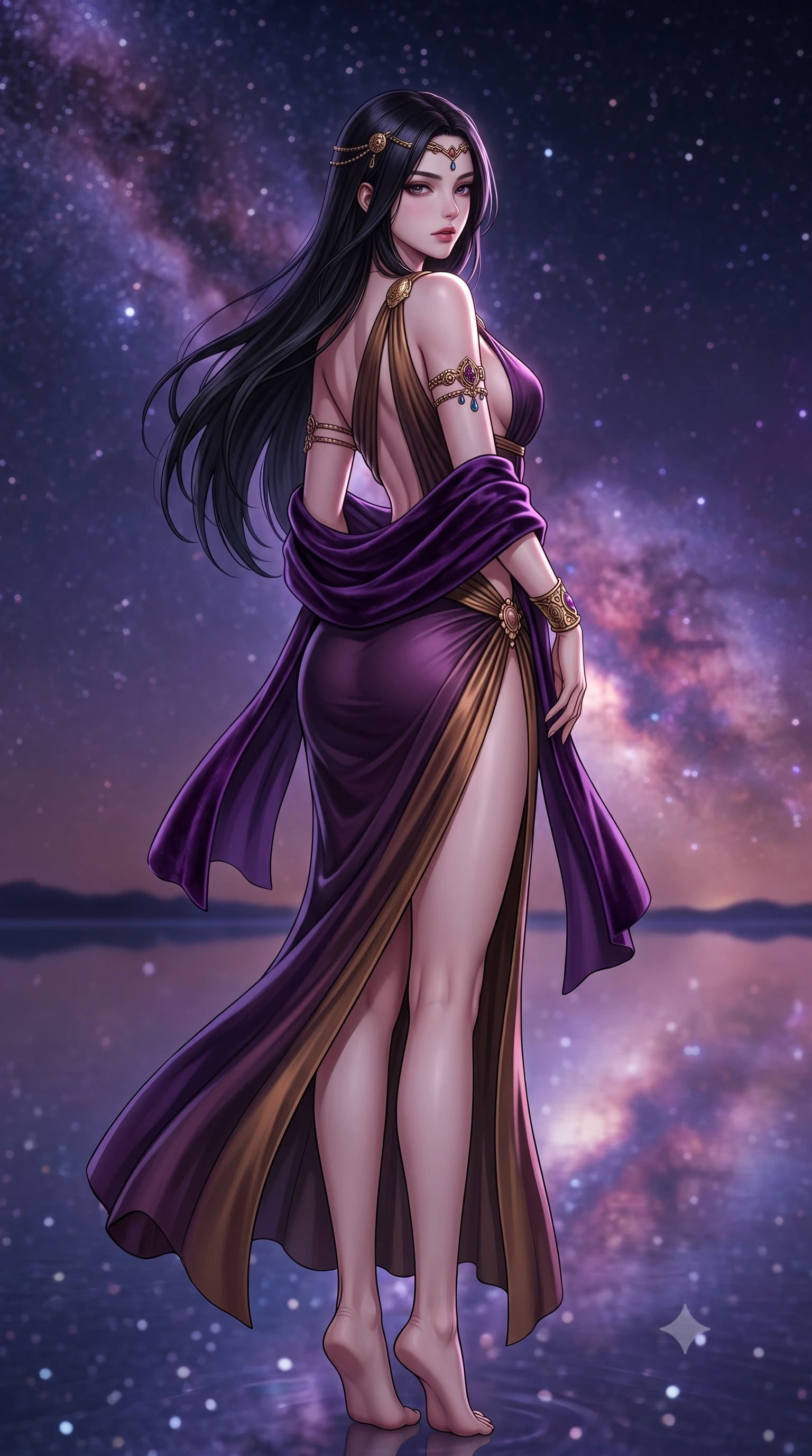 score_9, masterpiece, best quality, ultra-detailed, high-budget anime keyframe, semi-realistic 3D game render, editorial fashion photography, tasteful artistic composition, Korean woman. low angle full-body shot from head to toe showing her feet, filling the entire 9:16 vertical frame with her statuesque presence, stretching her vertical silhouette. posing with back turned slightly to the lens, glancing back with smoldering allure as she arches her lower back to emphasize her sculpted feminine hips and slender waist while turning in an alluring dancer S-curve as her gossamer dress catches the high-altitude Andean wind, creating an intoxicating silhouette between two skies. The composition keeps background elements in soft focus with creamy bokeh. countless glittering stars and purple galactic dust lanes of the Milky Way blurred into deep indigo, magenta, and starlight bokeh in both sky and water. She has an exceptionally tall and slender model-like 8.5-heads proportion, an ultra-slim waist, a flat toned midriff, narrow delicate ribcage, and beautifully sculpted feminine hips creating a graceful, slim hourglass silhouette without any bulky heaviness, with impossibly long slender legs. sharp v-shaped jawline, high-bridge nose, intricate jewel-like eyes with depth, thick eyelashes, glossy parted lips with a natural sheen, intensely captivating and seductive bedroom-eyes expression, flawlessly proportioned anatomical accuracy, strict slender model proportions, natural body alignment, perfectly sculpted long slender limbs, ultra-slim waistline, clean dynamic posture without body distortion. wearing a high-slit Grecian goddess draped gown with asymmetrical gold shoulder clasps and hip gathering in deep plum violet and antique bronze, tailored from liquid silk jersey adhering flawlessly to her slender build, complemented by a plush velvet shawl draped loosely over her elbows, the glove-like aerodynamic silhouette tightly following the natural contour of her hips and long slender legs with statuesque 8.5-heads elegance. illuminated by soft ambient celestial rim lighting sharply sculpting her razor-sharp jawline, narrow waist, and curvy hips. highly saturated vibrant anime colors, detailed shading with soft gradients, rich glossy textures, high-contrast stereoscopic depth, volumetric dynamic lighting, master piece, 9:16 ratio
