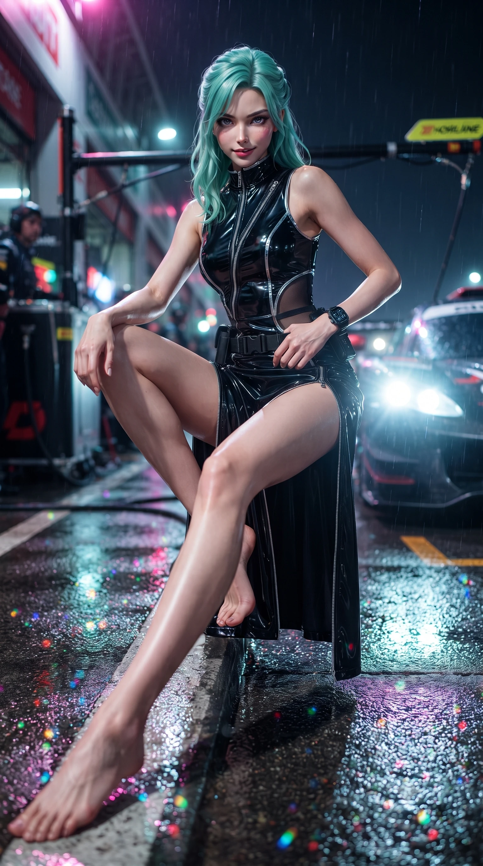 score_9, masterpiece, best quality, ultra-detailed, high-budget anime keyframe, editorial fashion photography, tasteful artistic composition, Japanese woman. low angle full-body shot from head to toe showing her feet, filling the entire 9:16 vertical frame with her statuesque presence, stretching her vertical silhouette. sitting poised on the elevated edge with legs crossed and extended, her tall 8.5-heads proportions dominating the scene with effortless poise while crouching low beside a glowing neon wheel rim, one hand resting on her thigh, casting an intense, electrifying smirk. The composition keeps background elements in soft focus with creamy bokeh. rain-slicked asphalt reflections and turbo exhaust sparks scattering vivid chromatic light motes. She has an absolutely perfect, statuesque 8.5-heads proportion, an exceptionally tall and slender model-like female figure with impossibly long slender legs, a toned flat midriff, and an ultra-slim waist. sharp v-shaped jawline, high-bridge nose, intricate jewel-like eyes with depth, thick eyelashes, glossy parted lips with a natural sheen, intensely captivating and seductive expression, flawlessly proportioned anatomical accuracy, strict slender model proportions, natural body alignment, perfectly sculpted long slender limbs, ultra-slim waistline, clean dynamic posture without body distortion. wearing a form-contouring vinyl track dress with diagonal zipper detailing and an ultra-high side slit in pitch-black vinyl and specular chrome trim, made of stretchy athletic knit with sheer mesh cutout inserts, equipped with a low-slung utility holster and racing telemetry smartwatch, the precision-cut daring openings accentuating her delicate midriff, graceful bare collarbones, and ultra-slim feminine waistline. bathed in high-intensity xenon hypercar headlights and neon pitlane floodlights. ultra-reflective glossy finish, specular highlights, rich textural contrasts, high-contrast stereoscopic depth, volumetric dynamic lighting, 2k, ultra detail, master piece, 9:16 ratio