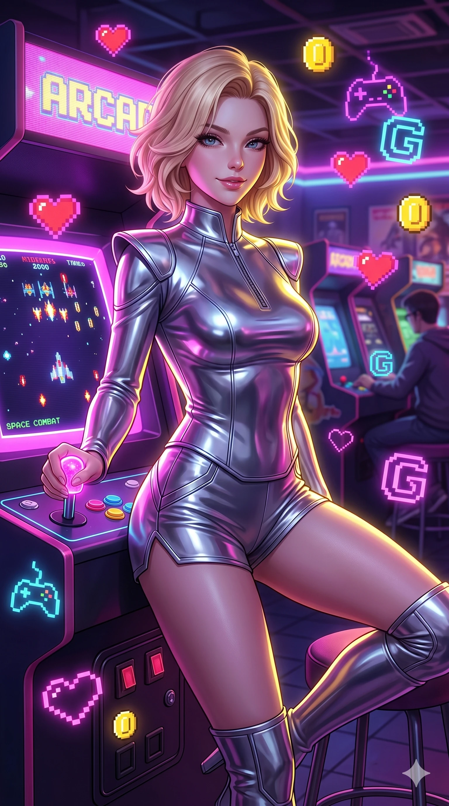 score_9, masterpiece, best quality, ultra-detailed, high-budget anime keyframe, semi-realistic 3D game render, Caucasian woman, strictly human ears. Upper body close-up from the thighs up, character filling the screen for maximum presence. She is leaning back against a glowing retro arcade cabinet, surrounded by floating pixelated neon icons. She holds a glowing joystick with a teasing, commanding smile. She has an absolutely perfect 8-heads proportion, a tall and elegant figure with a refined silhouette and a defined waistline. V-shaped jawline, high-bridge nose, intricate jewel-like eyes with depth, thick eyelashes, glossy lips with a natural sheen. She is wearing a sleek tailored top in liquid-chrome finish that complements her silhouette, styled with sophisticated architectural shoulder accents and a modern zip collar. The scene is illuminated by bright pink and violet neon screen glare and a sharp yellow ambient rim light. 2k, ultra detail, master piece, 9:16 ratio