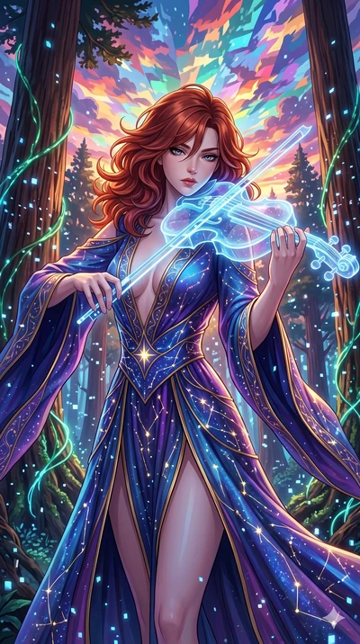score_9, masterpiece, best quality, ultra-detailed, Set A: High-budget Anime Keyframe, Japanese woman. Upper body close-up from the thighs up, character filling the screen for maximum presence. Theme: Primal Nature. playing a holographic violin in a 