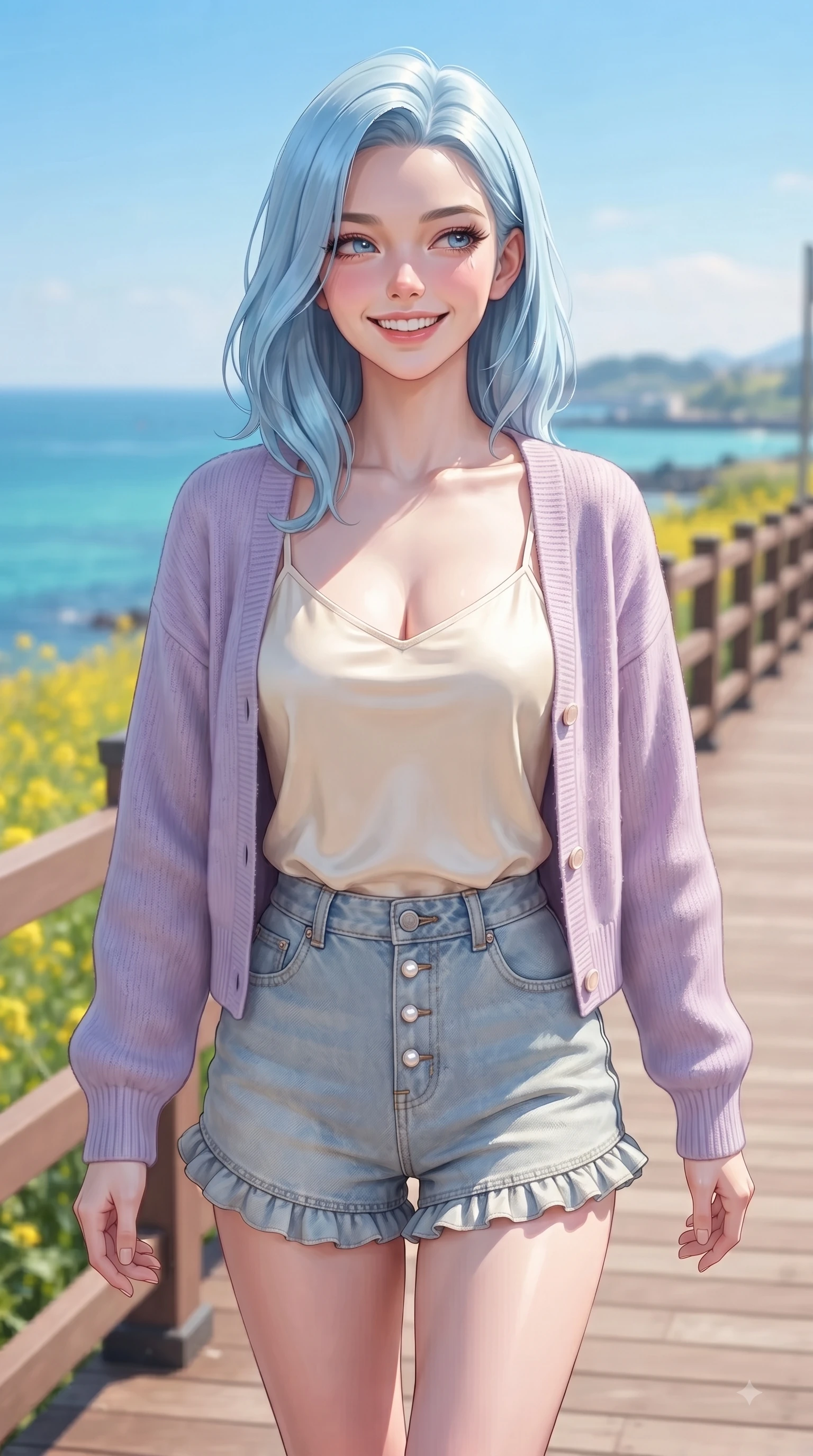 score_9, masterpiece, best quality, ultra-detailed, high-budget anime keyframe, editorial fashion photography, tasteful artistic composition, Korean woman. close-up cowboy shot from the waist and thighs up, the character dominates the composition, filling the frame with her large presence. Radiant youthful grin reflecting girlhood charm while casting a playful, joyful side-gaze with heavy lashes while walking cheerfully along a coastal wooden boardwalk overlooking a turquoise ocean under a bright blue sky. The composition keeps background elements in soft focus with dreamy bokeh. yellow canola fields and clear coastal blue skies softened with a gentle dreamy background blur. She has an exceptionally elegant, slender, and willowy female figure with an ultra-slim waist, a gracefully sculpted slender torso, and a refined silhouette. sharp v-shaped jawline, high-bridge nose, intricate jewel-like eyes with depth, thick eyelashes, glossy lips with a natural sheen, flawlessly proportioned anatomical accuracy, natural body alignment, perfectly sculpted elegant limbs, clean dynamic posture without body distortion. wearing a soft lavender knit cardigan worn over a simple cream silk camisole and light-wash denim shorts in warm apricot and sage green, made of comfortable premium stretch denim and soft jersey, finished with subtle ruffle trims and delicate pearl buttons, the relaxed yet flattering fit accentuating her naturally graceful and slender figure. surrounded by a fresh, sun-drenched, and relaxing vacation atmosphere. ultra-reflective glossy finish, specular highlights, metallic sheen, high-contrast stereoscopic depth, volumetric dynamic lighting, 2k, ultra detail, master piece, 9:16 ratio