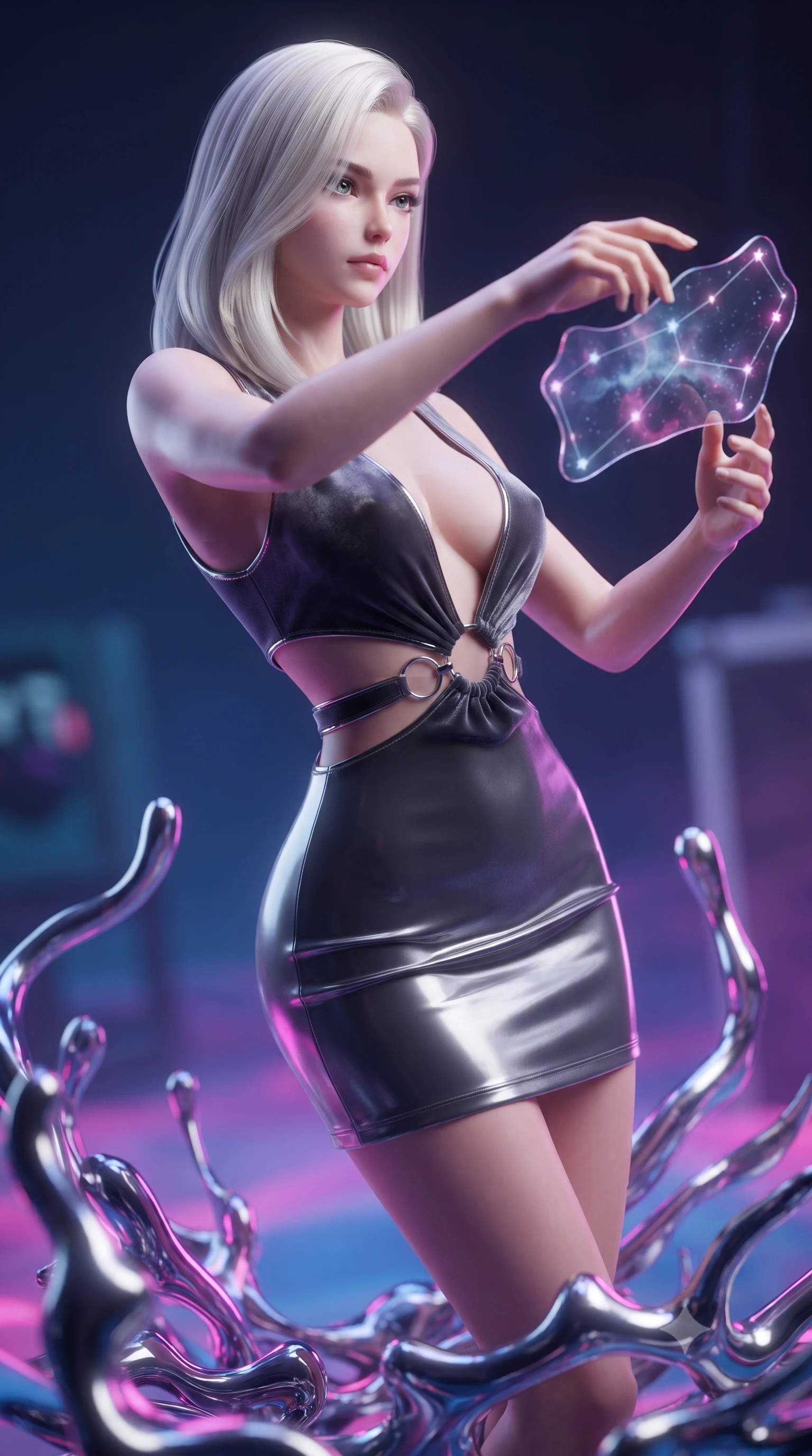 score_9, masterpiece, best quality, ultra-detailed, high-budget anime keyframe, editorial fashion photography, tasteful artistic composition, Caucasian woman. close-up cowboy shot from the waist and thighs up, the character dominates the composition, filling the frame with her large presence, background elements kept in soft focus. Gazing past the lens with composed intensity as her torso curves dynamically in mid-motion while reaching forward to adjust a translucent nebula constellation chart floating in mid-air, liquid mercury corals flowing smooth like molten chrome around her feet. She has an exceptionally elegant, slender, and willowy female figure with an ultra-slim waist, a gracefully sculpted slender torso, and a refined silhouette. sharp v-shaped jawline, high-bridge nose, intricate jewel-like eyes with depth, thick eyelashes, glossy lips with a natural sheen, flawlessly proportioned anatomical accuracy, natural body alignment, perfectly sculpted elegant limbs, clean dynamic posture without body distortion. wearing a liquid mercury gloss mini dress with ultra-deep V-neck and waist cutouts in charcoal grey and platinum, made of premium stretch velvet with a rich sheen, accented with delicate chrome ring hardware framing her waist, the sleek second-skin texture accentuating her magnetic presence. surrounded by a dreamlike vaporwave ambiance with smooth gradients. ultra-reflective glossy finish, specular highlights, metallic sheen, high-contrast stereoscopic depth, volumetric dynamic lighting, 2k, ultra detail, master piece, 9:16 ratio