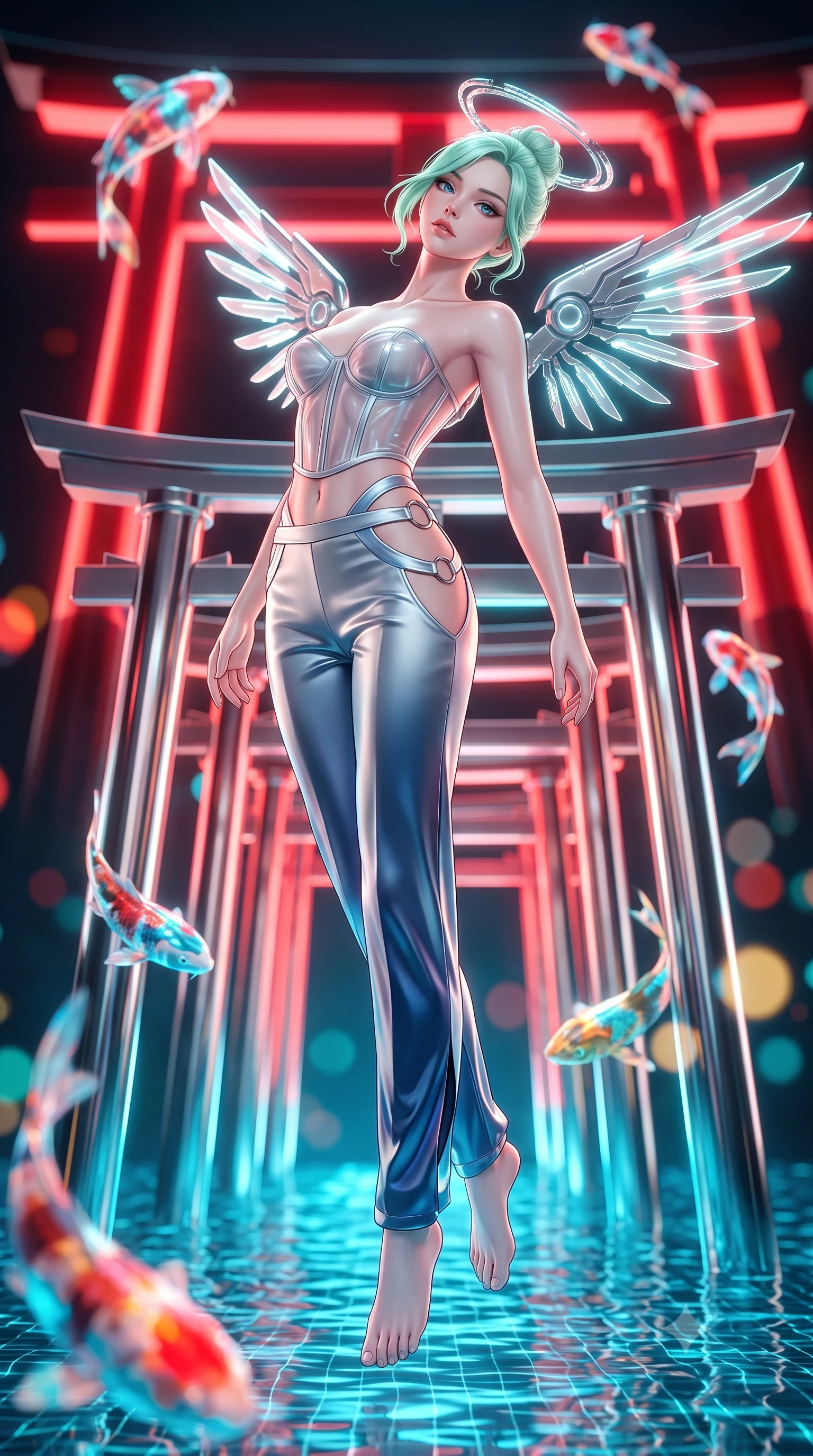 score_9, masterpiece, best quality, ultra-detailed, high-budget anime keyframe, editorial fashion photography, tasteful artistic composition, Japanese woman. low angle full-body shot from head to toe showing her feet, filling the entire 9:16 vertical frame with her statuesque presence, stretching her vertical silhouette. arching her back gracefully in mid-air as glowing mechanical wings and floating cybernetic halos frame her statuesque presence while striding gracefully along a mirrored chrome torii gate arcade suspended above a digital water matrix. The composition keeps background elements in soft focus with creamy bokeh. floating chrome torii gates and swimming holographic koi blurred into vibrant scarlet, cyan, and gold bokeh. She has an absolutely perfect, statuesque 8.5-heads proportion, an exceptionally tall and slender model-like female figure with impossibly long slender legs, a toned flat midriff, and an ultra-slim waist. sharp v-shaped jawline, high-bridge nose, intricate jewel-like eyes with depth, thick eyelashes, glossy lips with a natural sheen, flawlessly proportioned anatomical accuracy, strict slender model proportions, natural body alignment, perfectly sculpted long slender limbs, ultra-slim waistline, clean dynamic posture without body distortion. wearing a structured translucent cyber-corset paired with tailored high-fashion satin trousers that sharply cinch her ultra-slim waist in liquid platinum silver and deep sapphire blue LED filaments, made of smooth flowing silk chiffon that shifts colors with movement, detailed with polished silver rings connecting the daring side-waist cutouts, the precision-cut daring openings accentuating her delicate midriff, graceful bare collarbones, and ultra-slim feminine waistline. bathed in glowing scarlet torii gate backlighting and aquatic cyan matrix uplights. ultra-reflective glossy finish, specular highlights, dark metallic sheen, high-contrast stereoscopic depth, volumetric dynamic lighting, 2k, ultra detail, master piece, 9:16 ratio