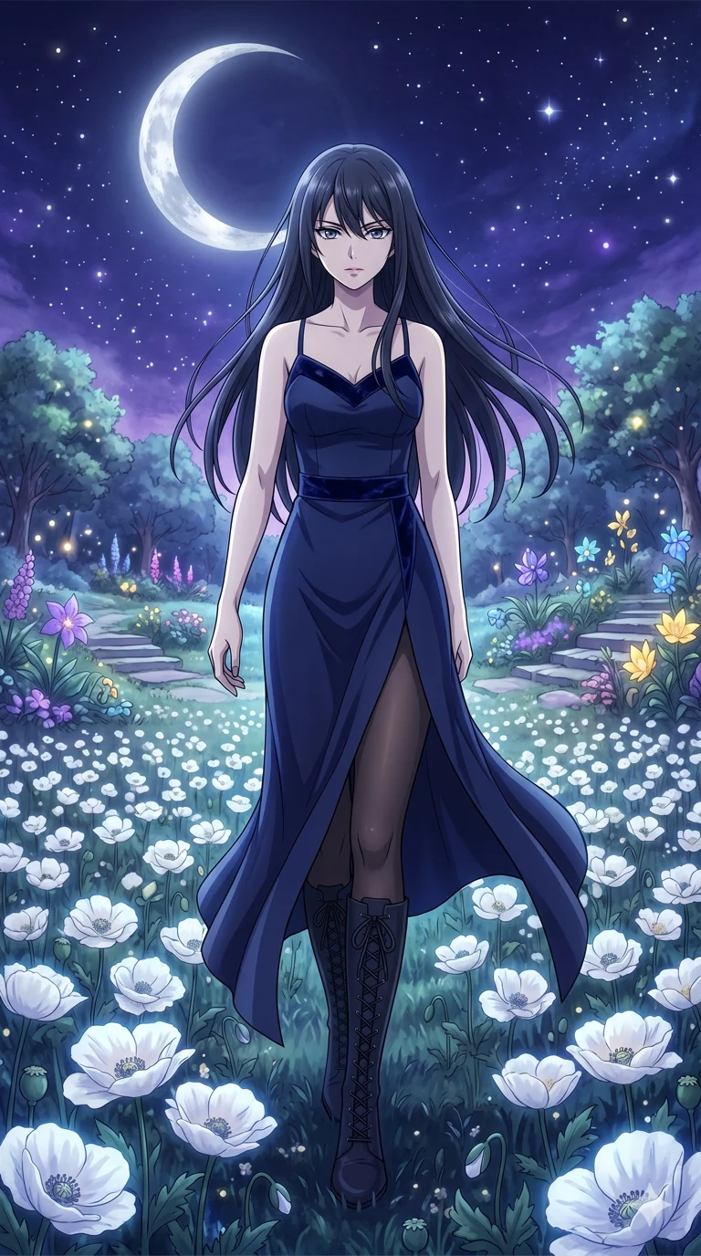 score_9, masterpiece, best quality, ultra-detailed, High-budget Anime Keyframe, beautiful Japanese anime girl. Low angle cowboy shot filling the entire 9:16 frame with her statuesque presence. Walking through a field of white poppies under a silver moon in a fantasy garden. She has an absolutely perfect 8-heads proportion, an exceptionally tall and slender female figure with impossibly long slender legs and an ultra-slim waist. Sharp v-shaped jawline, high-bridge nose, intricate jewel-like eyes with depth, thick eyelashes, glossy lips with a natural sheen. Wearing a High-Fashion Editorial outfit: midnight blue slip dress with a dangerously high side slit and velvet detail. Background is a bright and colorful garden with glowing white flowers and a vibrant starry sky. 2k, ultra detail, master piece, 9:16 ratio