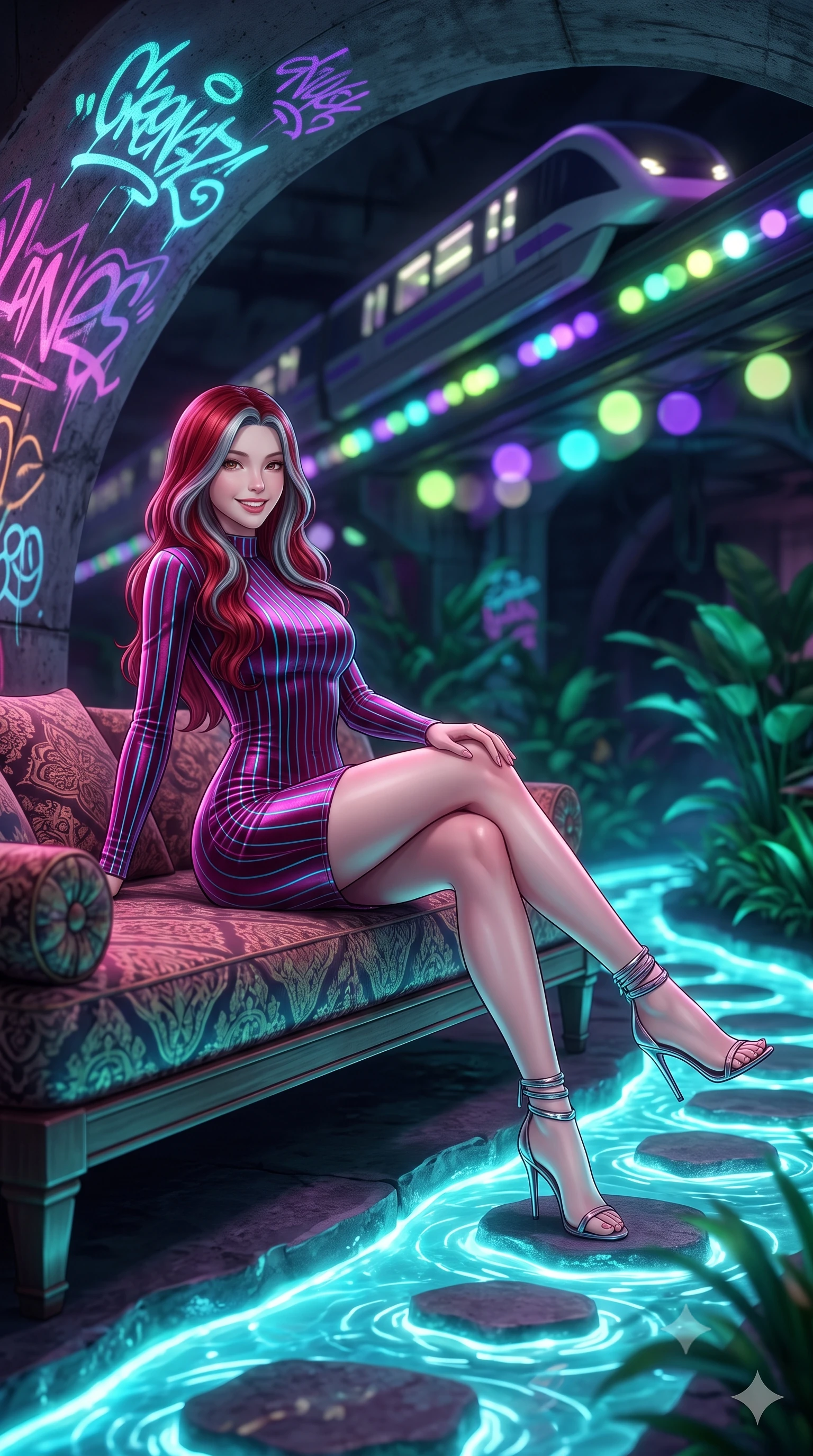 score_9, masterpiece, best quality, ultra-detailed, high-budget anime keyframe, semi-realistic 3D game render, editorial fashion photography, tasteful artistic composition, Caucasian woman. low angle full-body shot from head to toe showing her feet, filling the entire 9:16 vertical frame with her statuesque presence, stretching her vertical silhouette. lounging on the lavish daybed with legs crossed and hips angled toward the camera, displaying her toned midriff and long slender limbs with effortless siren poise while standing poised on the illuminated stepping stones across the glowing subterranean stream, arching her spine with seductive grace as maglev trains rumble overhead. The background shows a soft-focus bioluminescent emerald water plants, neon graffiti decals glowing on concrete arches, and overhead maglev track lights blurred into lime, violet, and turquoise bokeh. She has an exceptionally tall and slender model-like 8.5-heads proportion, an ultra-slim waist, a flat toned midriff, narrow delicate ribcage, and beautifully sculpted feminine hips creating a graceful, slim hourglass silhouette without any bulky heaviness, with impossibly long slender legs. sharp v-shaped jawline, high-bridge nose, intricate jewel-like sparkling eyes with depth, thick eyelashes, glossy parted lips with a natural peach sheen, bright cheerful beaming smile with an enchanting and coquettish sensual glint, exuding both youthful cute charm and seductive allure, flawlessly proportioned anatomical accuracy, strict slender model proportions, natural body alignment, perfectly sculpted long slender limbs, ultra-slim waistline, clean dynamic posture without body distortion. wearing a tailored velvet bodycon dress with metallic fiber pinstripes following her statuesque 8.5-heads silhouette in Neo-Tokyo neon magenta and electric cyan, crafted from fluid liquid silk satin that clings smoothly to her narrow waist and rounded hips with a dewy sheen, complemented by strappy stiletto sandals with metallic ankle wraps accentuating her slender calves, the form-contouring silhouette accentuating her sculpted flat midriff, narrow delicate ribcage, and gracefully curvy hips with intoxicating allure. illuminated by canal water reflection bounce and sharp neon-pink rim lights sculpting her jawline, narrow waist, and curvy hips. highly saturated vibrant anime colors, detailed shading with soft gradients, rich glossy textures, high-contrast stereoscopic depth, volumetric dynamic lighting, master piece, 9:16 ratio
