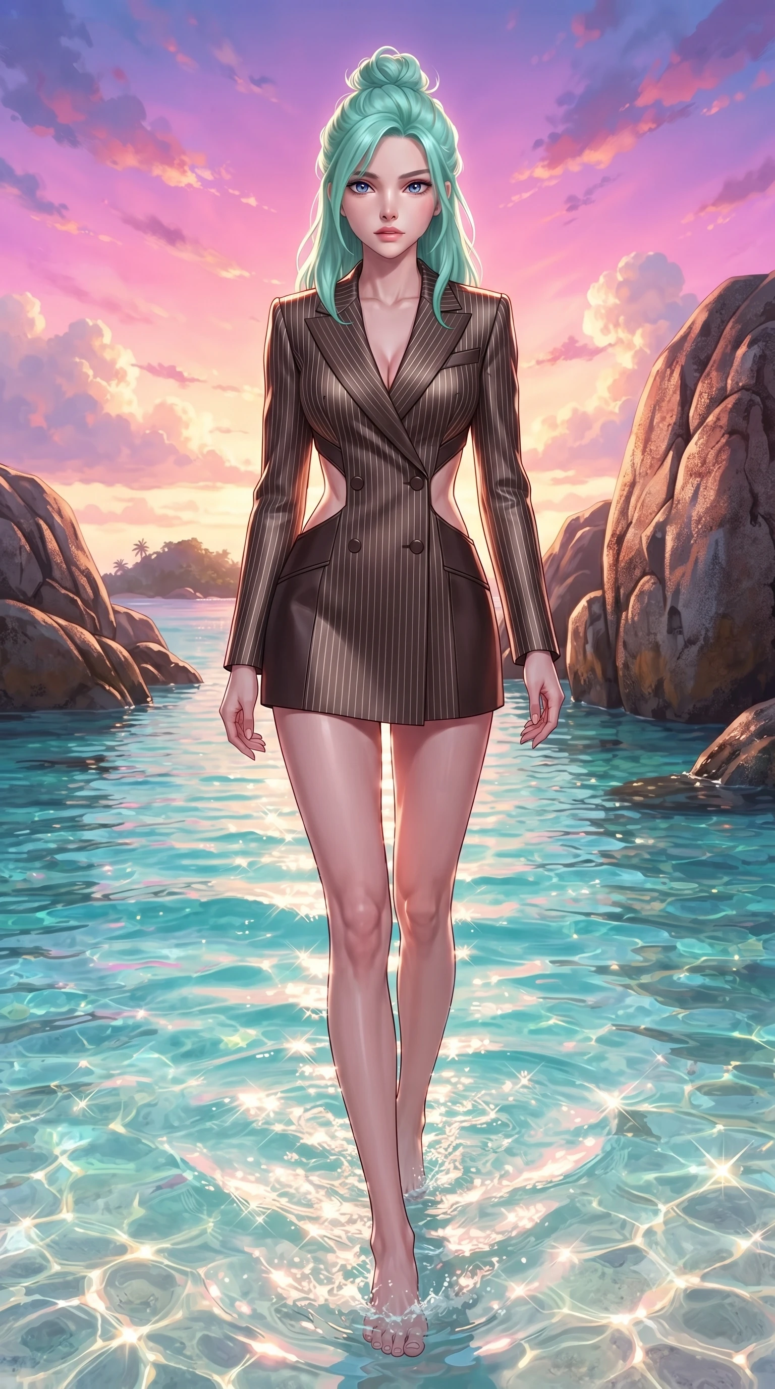 score_9, masterpiece, best quality, ultra-detailed, high-budget anime keyframe, editorial fashion photography, tasteful artistic composition, Japanese woman. low angle full-body shot from head to toe showing her feet, filling the entire 9:16 vertical frame with her statuesque presence, stretching her vertical silhouette. stepping forward with proud posture, filling the vertical frame with her magnetic presence wading in a shallow turquoise lagoon flanked by dramatic granite sea boulders, dazzling tropical sunlight creating glittering water refractions. She has an absolutely perfect, statuesque 8.5-heads proportion, an exceptionally tall and slender model-like female figure with impossibly long slender legs and an ultra-slim waist. sharp v-shaped jawline, high-bridge nose, intricate jewel-like eyes with depth, thick eyelashes, glossy lips with a natural sheen. wearing a double-breasted blazer dress with metallic pin-stripes in espresso brown and warm cream, made of fine carbon-fiber weave and soft matte leather, featuring clean architectural cutouts along her slender torso, the tailored fabric tightly following every curve of her athletic build. illuminated by a brilliant sunset sky painting the clouds in magenta and orange. highly saturated vibrant anime colors, detailed shading with soft gradients, rich glossy textures, high-contrast stereoscopic depth, volumetric dynamic lighting, master piece, 9:16 ratio
