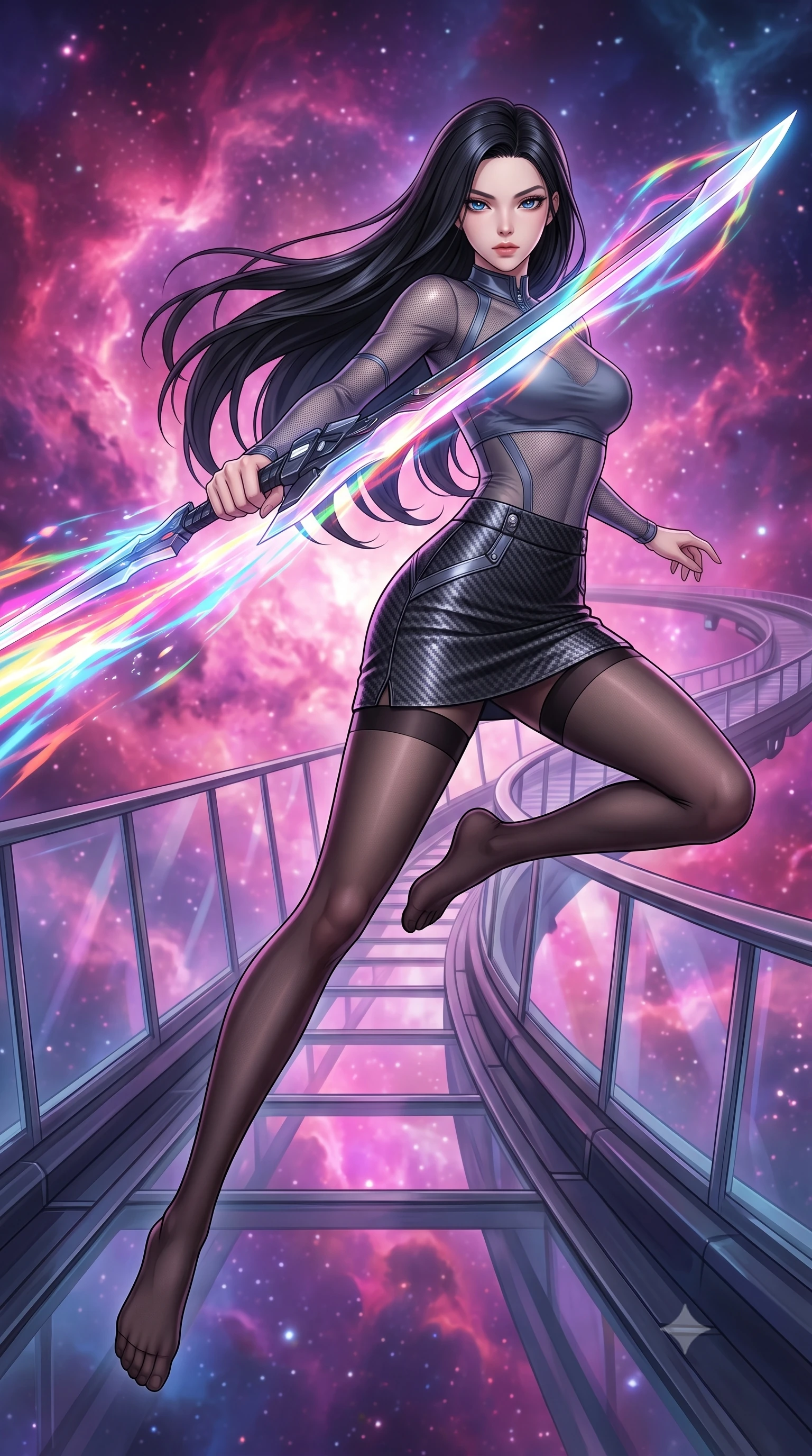 score_9, masterpiece, best quality, ultra-detailed, high-budget anime keyframe, editorial fashion photography, tasteful artistic composition, Korean woman. low angle full-body shot from head to toe showing her feet, filling the entire 9:16 vertical frame with her statuesque presence, stretching her vertical silhouette. leaping forward while slashing with a twin-bladed plasma sword in mid-air, her body-contouring suit showing her athletic silhouette, the background shows a soft-focus a rail observation deck train lounge winding through a cosmic nebula in space. She has an absolutely perfect, statuesque 8.5-heads proportion, an exceptionally tall and slender model-like female figure with impossibly long slender legs and an ultra-slim waist. sharp v-shaped jawline, high-bridge nose, intricate jewel-like eyes with depth, thick eyelashes, glossy lips with a natural sheen. wearing a slim-fit semi-transparent mesh top in slate grey, paired with a carbon-fiber mini skirt and sheer stockings. glass train lounges catching the pink and purple hues of nebula light. highly saturated vibrant anime colors, detailed shading with soft gradients, rich glossy textures, high-contrast stereoscopic depth, volumetric dynamic lighting, master piece, 9:16 ratio