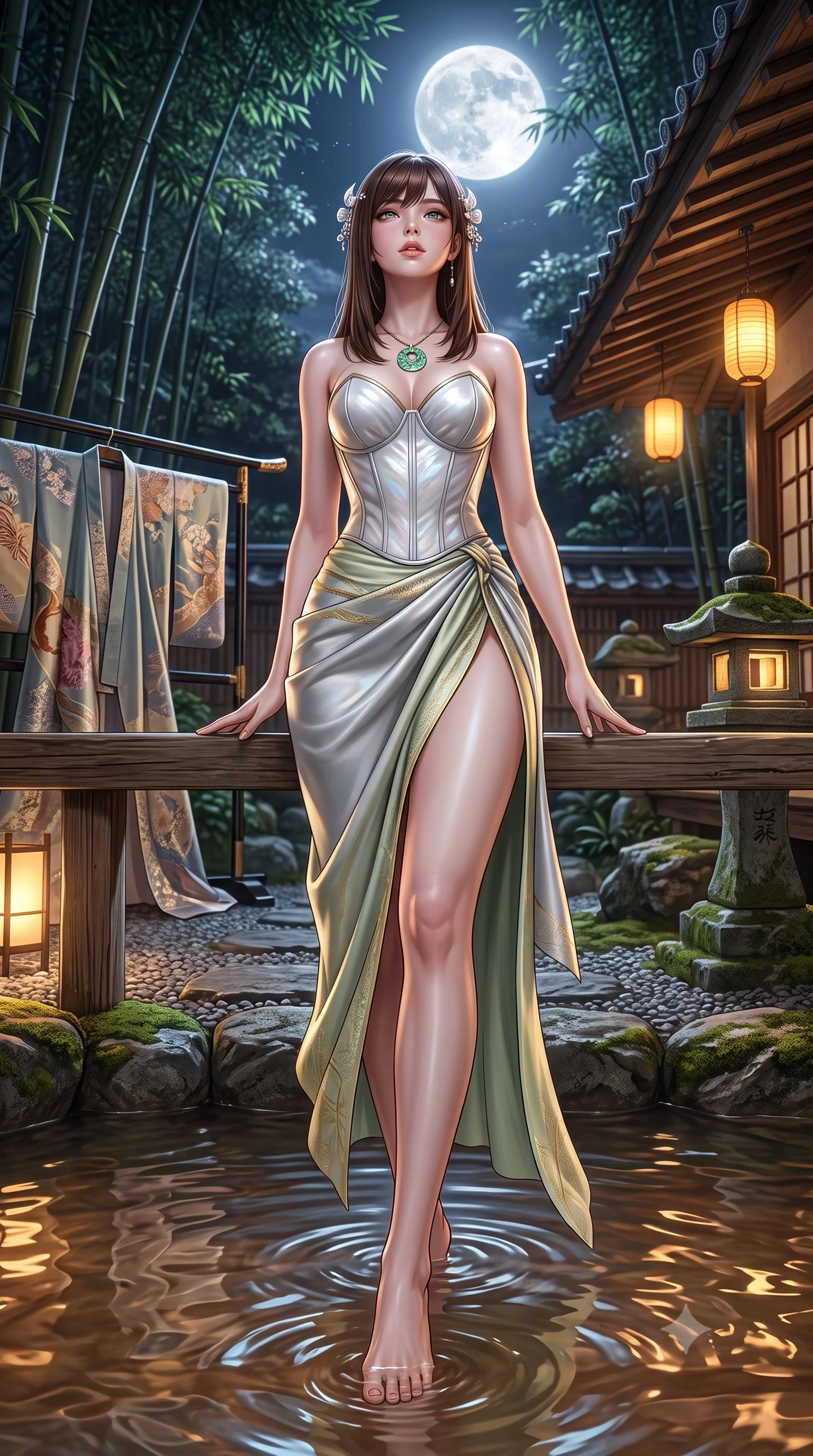 score_9, masterpiece, best quality, ultra-detailed, high-budget anime keyframe, semi-realistic 3D game render, editorial fashion photography, tasteful artistic composition, Korean woman. low angle full-body shot from head to toe showing her feet, filling the entire 9:16 vertical frame with her statuesque presence, stretching her vertical silhouette. striding forward in a proud supermodel runway stride, hips swaying in an alluring kinetic rhythm that accentuates her curvy hourglass silhouette while reclining on the cedar bench with legs extended toward the warm water, head tilted back toward the full moon with smoldering bedroom-eyes. The surrounding environment is rendered in vivid detail and crisp panoramic clarity. detailed silk kimono weave, stone lantern moss textures, and river water ripples in high resolution. She has an absolutely perfect, statuesque 8.5-heads proportion, an exceptionally tall and slender model-like female figure with impossibly long slender legs, a toned flat midriff, an ultra-slim waist, and beautifully sculpted feminine hips. sharp v-shaped jawline, high-bridge nose, intricate jewel-like eyes with depth, thick eyelashes, glossy parted lips with a natural sheen, intensely captivating and seductive bedroom-eyes expression, flawlessly proportioned anatomical accuracy, strict slender model proportions, natural body alignment, perfectly sculpted long slender limbs, ultra-slim waistline, clean dynamic posture without body distortion. wearing a sculpted mother-of-pearl corset top paired with a draped high-slit silk sarong skirt in moonlit silver and pale bamboo green, woven from lightweight fluid silk brocade with woven gold thread, accented with mother-of-pearl hair ornaments and a carved jade pendant, the glove-like aerodynamic silhouette tightly following the natural contour of her hips and long slender legs with statuesque precision. bathed in cool silver full-moon light streaming through the bamboo canopy and warm amber lantern downlights. highly saturated vibrant anime colors, detailed shading with soft gradients, rich glossy textures, high-contrast stereoscopic depth, volumetric dynamic lighting, master piece, 9:16 ratio